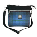 Handbag in genuine leather and Harris tweed tartan print pure wool,  blue and red  check medium sized zip top shoulder bag