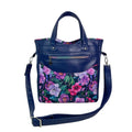 Handbag in faux leather and purple  floral print, vegan ladies gift, handles and crossbody strap bag, rectangular shoulder zip tote