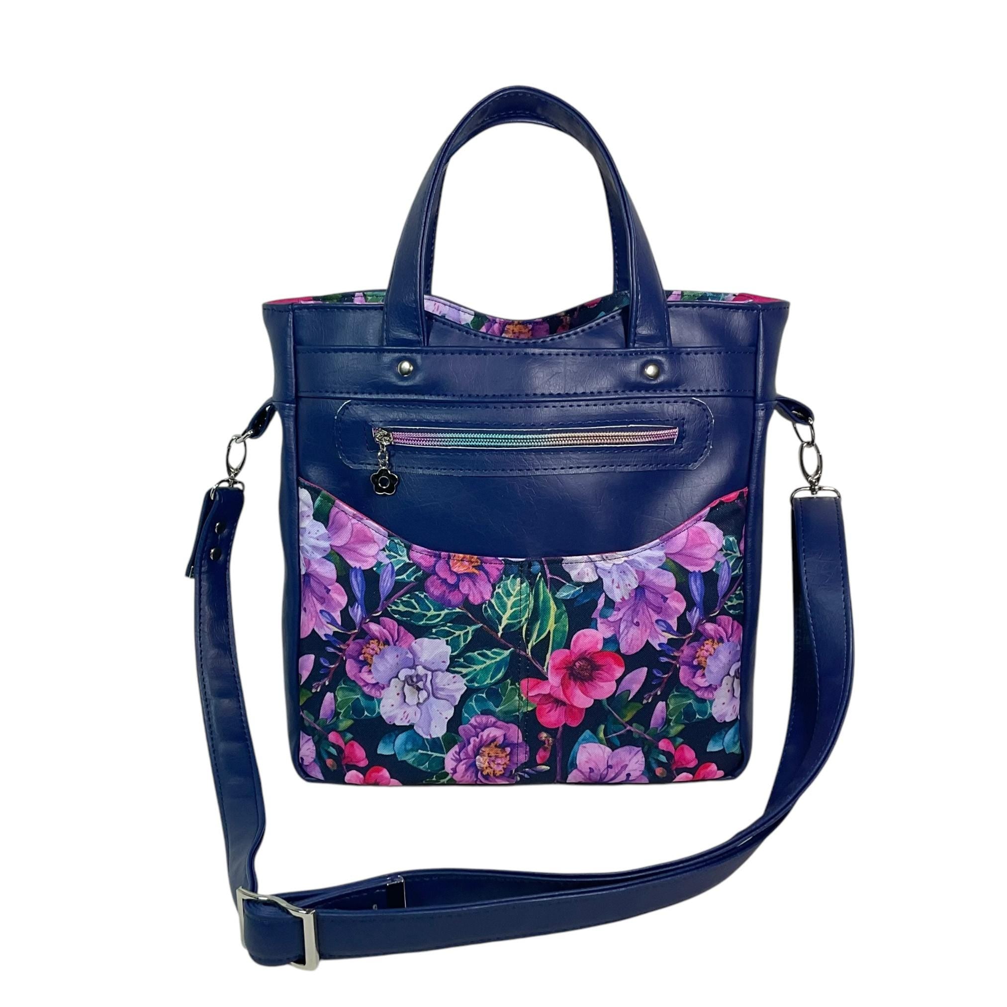 Handbag in faux leather and purple  floral print, vegan ladies gift, handles and crossbody strap bag, rectangular shoulder zip tote