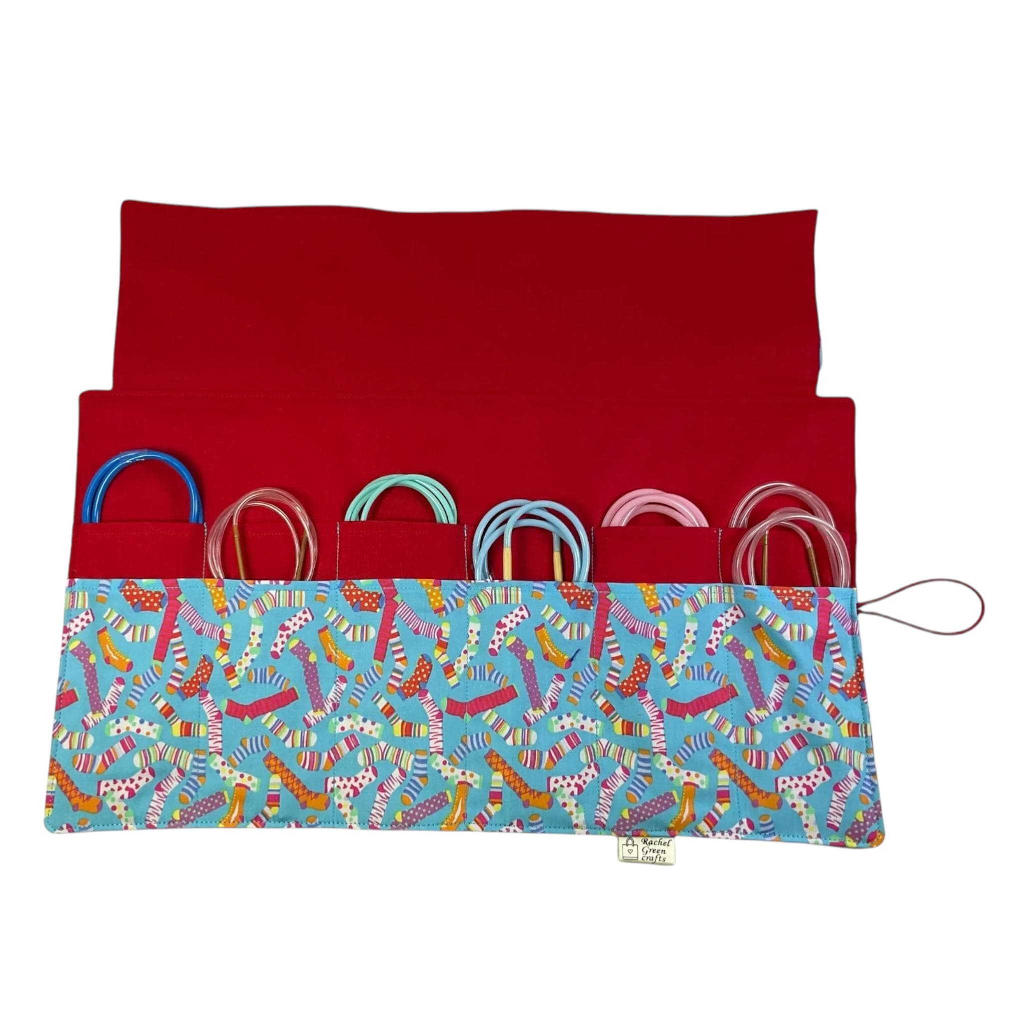 Circular needle case with socks print, fixed needle wallet, sock knitters pouch, knitting needle roll, knitters gift, folding needle holder,