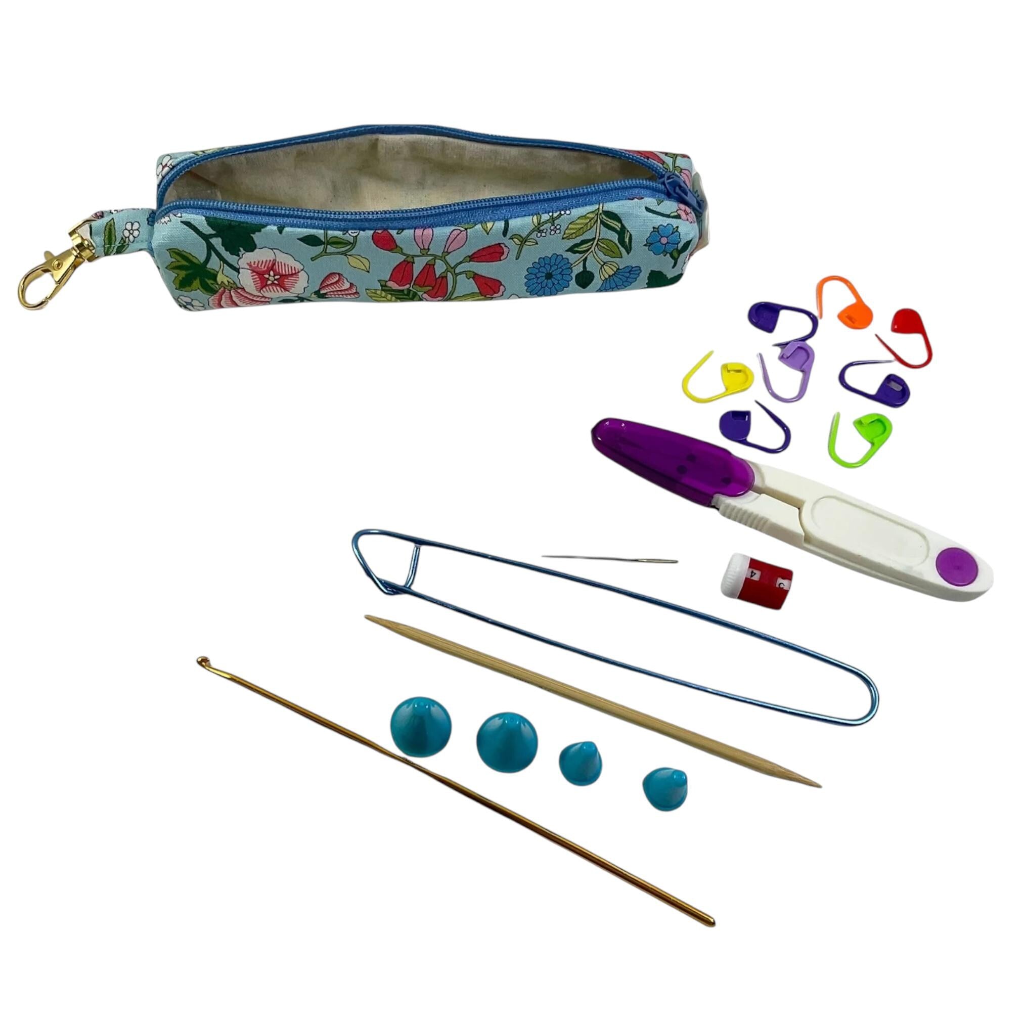 Knitting kit and crochet travel set in Liberty fabric, clip on bag travel kit, floral accessories pouch, travel scissors, crafting kit