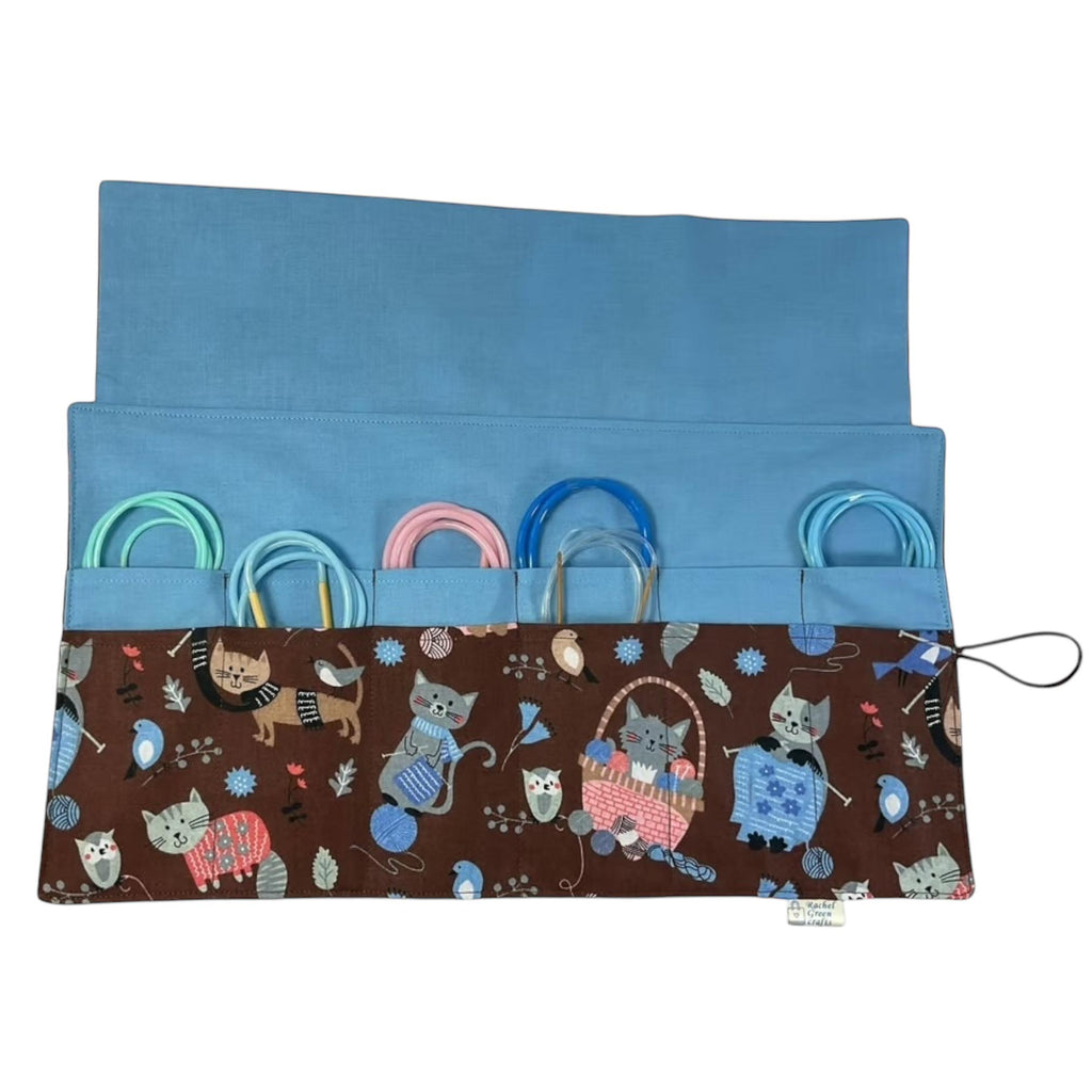 fixed Circular knitting needle case with cats, sock needles roll, needle wallet, knitters gift, needle holder,