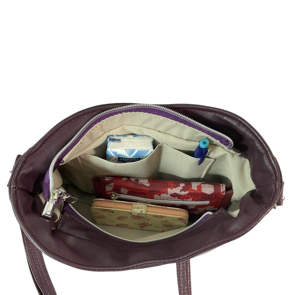Handbag in genuine leather and Harris tweed tartan print pure wool, green and purple check medium sized zip top shoulder bag