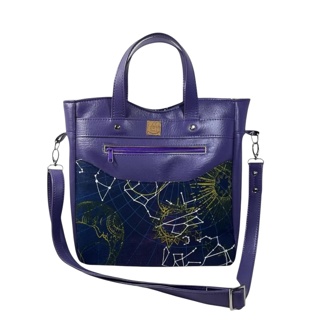Handbag in faux leather and astrological space print, vegan ladies gift, handles and crossbody strap bag, rectangular shoulder zip pouch,