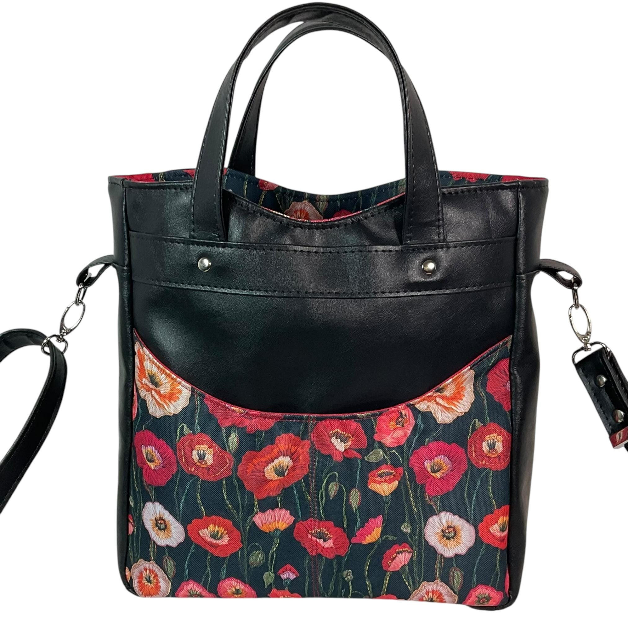 Handbag in faux leather and poppies floral print, vegan ladies gift, handles and crossbody strap bag, rectangular shoulder zip tote
