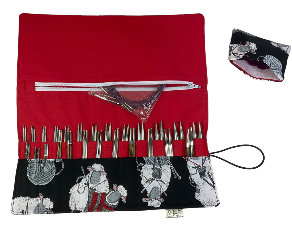 Interchangeable knitting needle case with knitting  sheep, 2 sets, addi case, chiagoo wallet, knit pro organiser pouch, hiya hiya case,