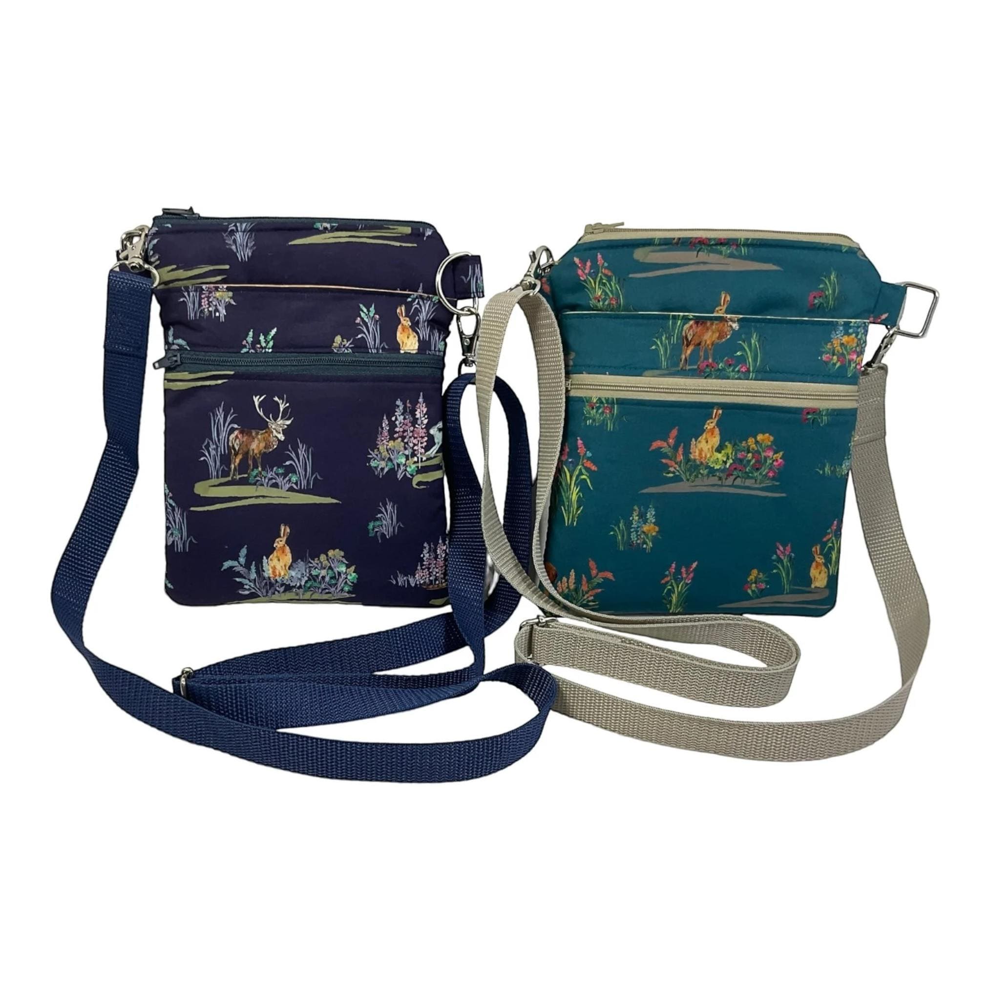 Liberty fabric slim phone shoulder bag with multi pockets, teen messenger style floral phone pouch, mini clutch bag, clubbing festival bag,