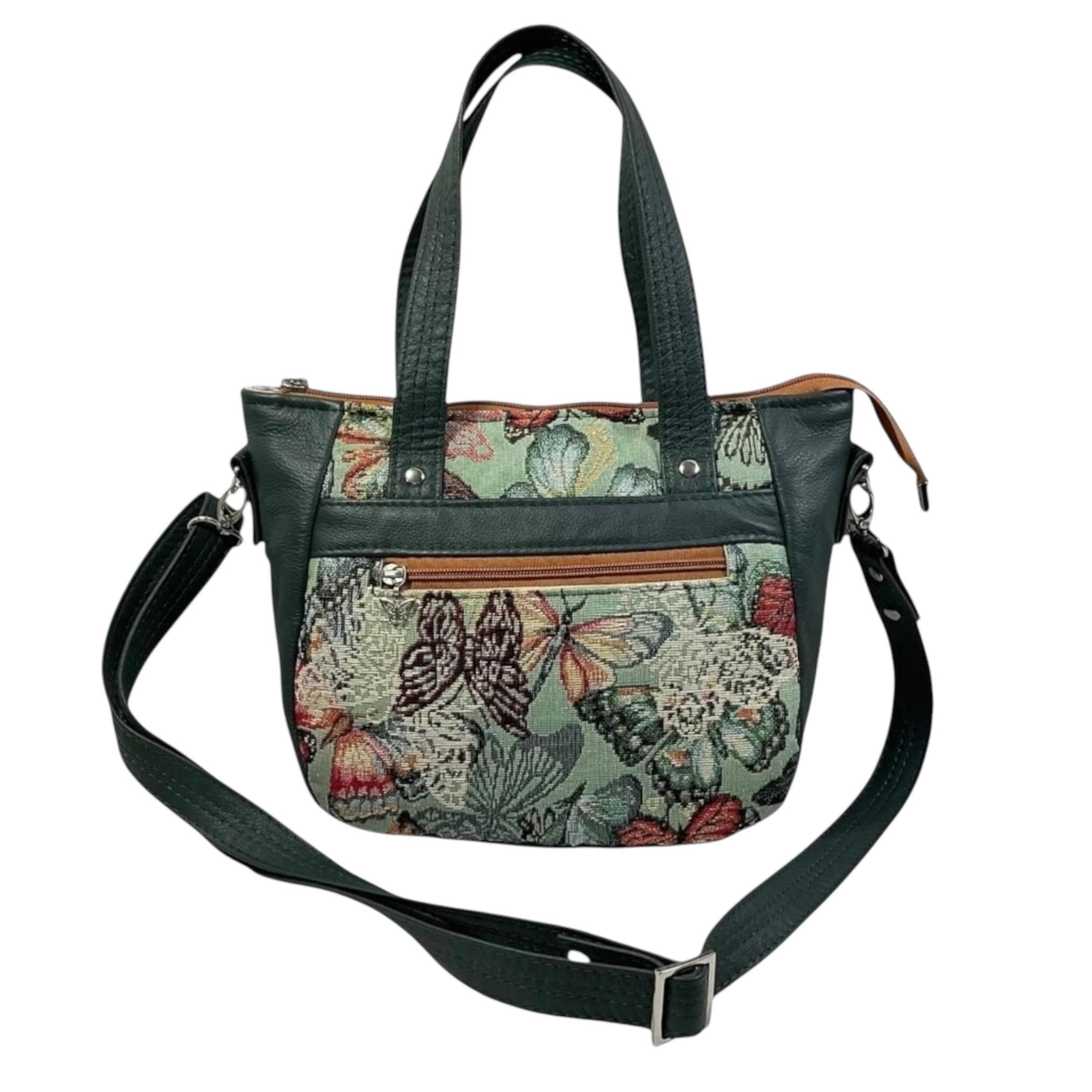 Crossbody Handbag in genuine Leather and butterfly print, unique one of a kind shoulder bag, zip pocket adjustable strap organiser