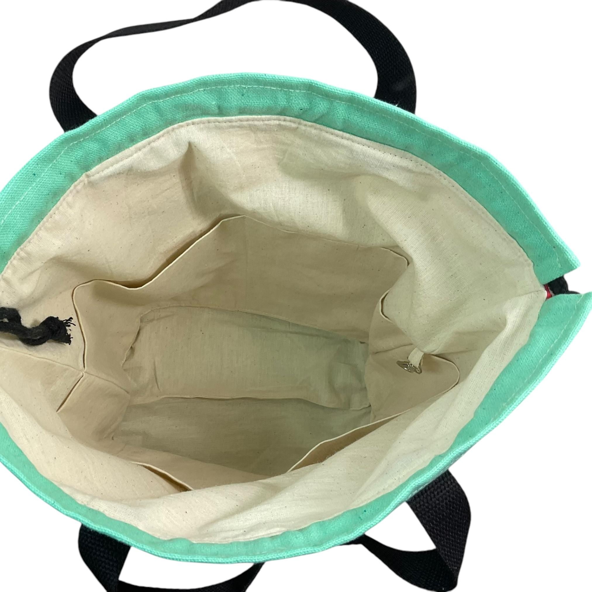 Extra Large drawstring knitting bag with bright sheep print, multi pockets project bag with handles