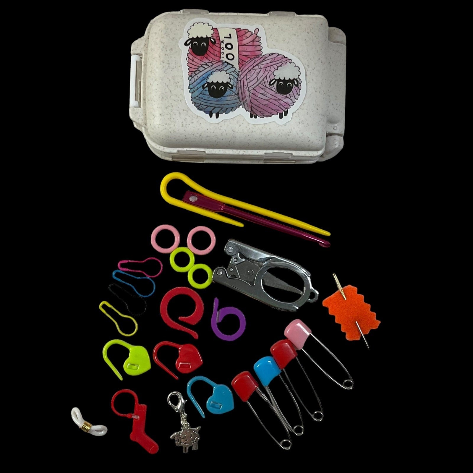 Knitting notions and accessories box filled with tools, butterfly,  sheep or cat motif, stitch marker 8 compartment organiser for crochet
