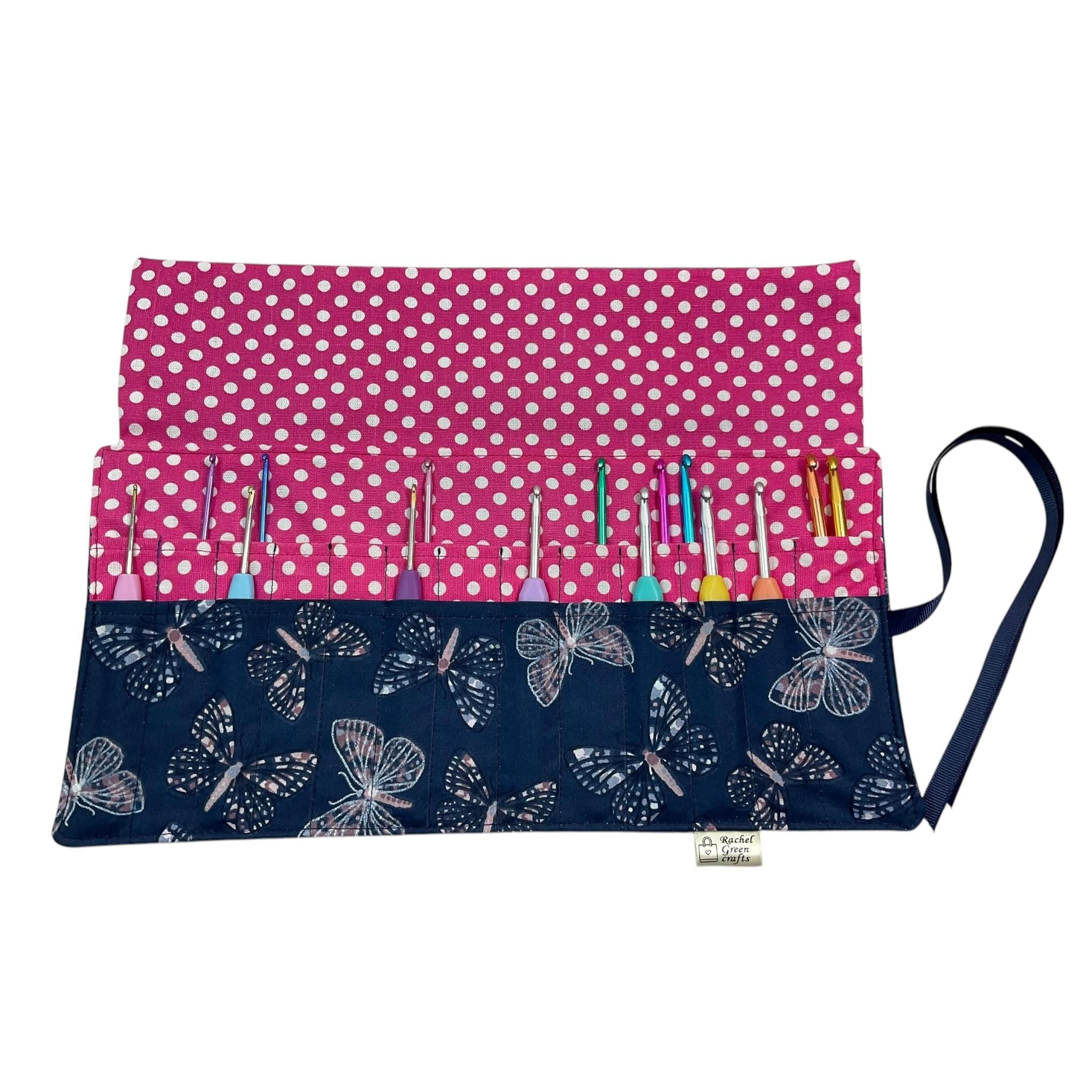 Crochet hook case with pink butterfly print, roll up Ergonomic hook organiser or short  Dpn case, crochet or knitters gift,
