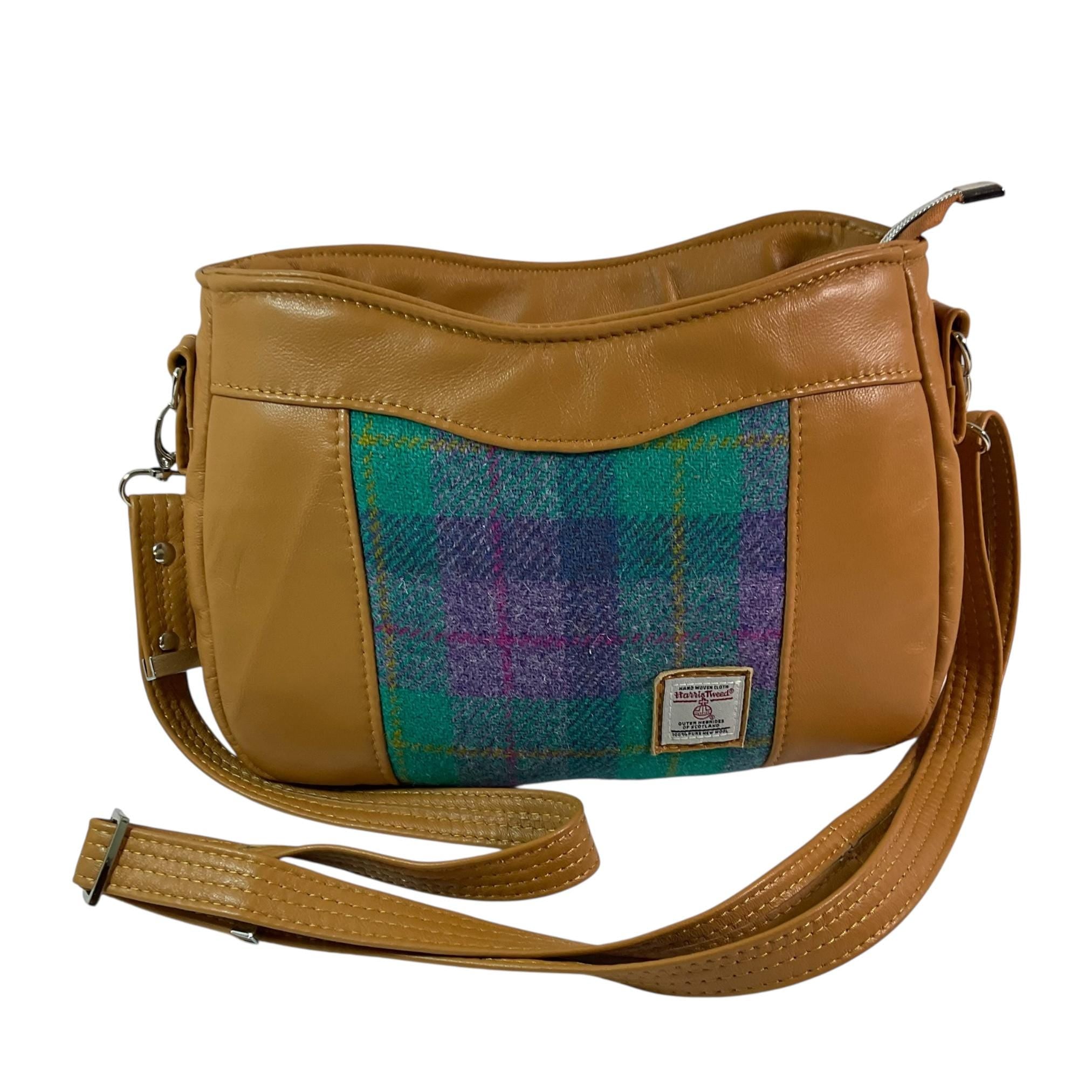 Handbag in genuine leather and Harris tweed tartan print pure wool, green and purple check medium sized zip top shoulder bag
