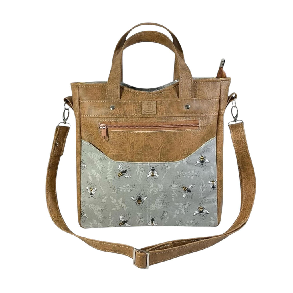 Handbag in faux leather and bee print,  vegan ladies gift, handles and crossbody strap bag, shoulder zip pouch, rectangular carry all