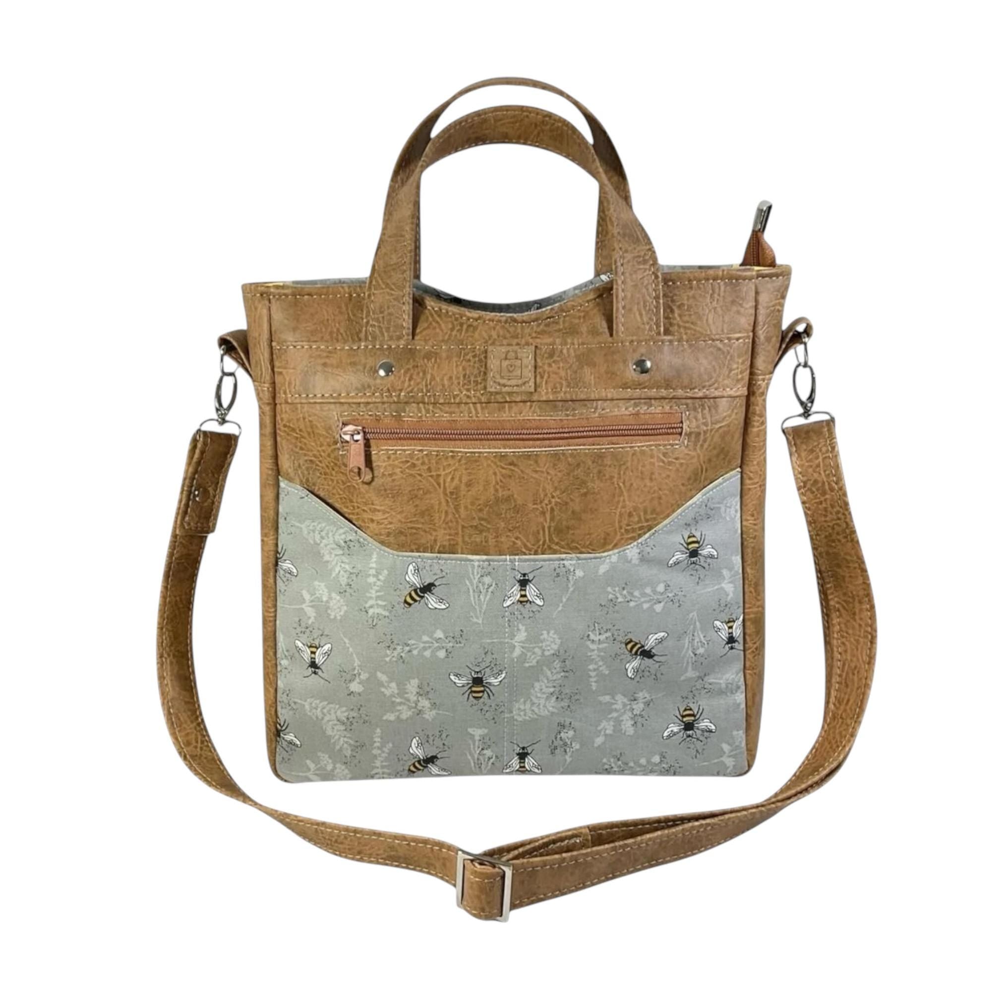 Handbag in faux leather and bee print,  vegan ladies gift, handles and crossbody strap bag, shoulder zip pouch, rectangular carry all