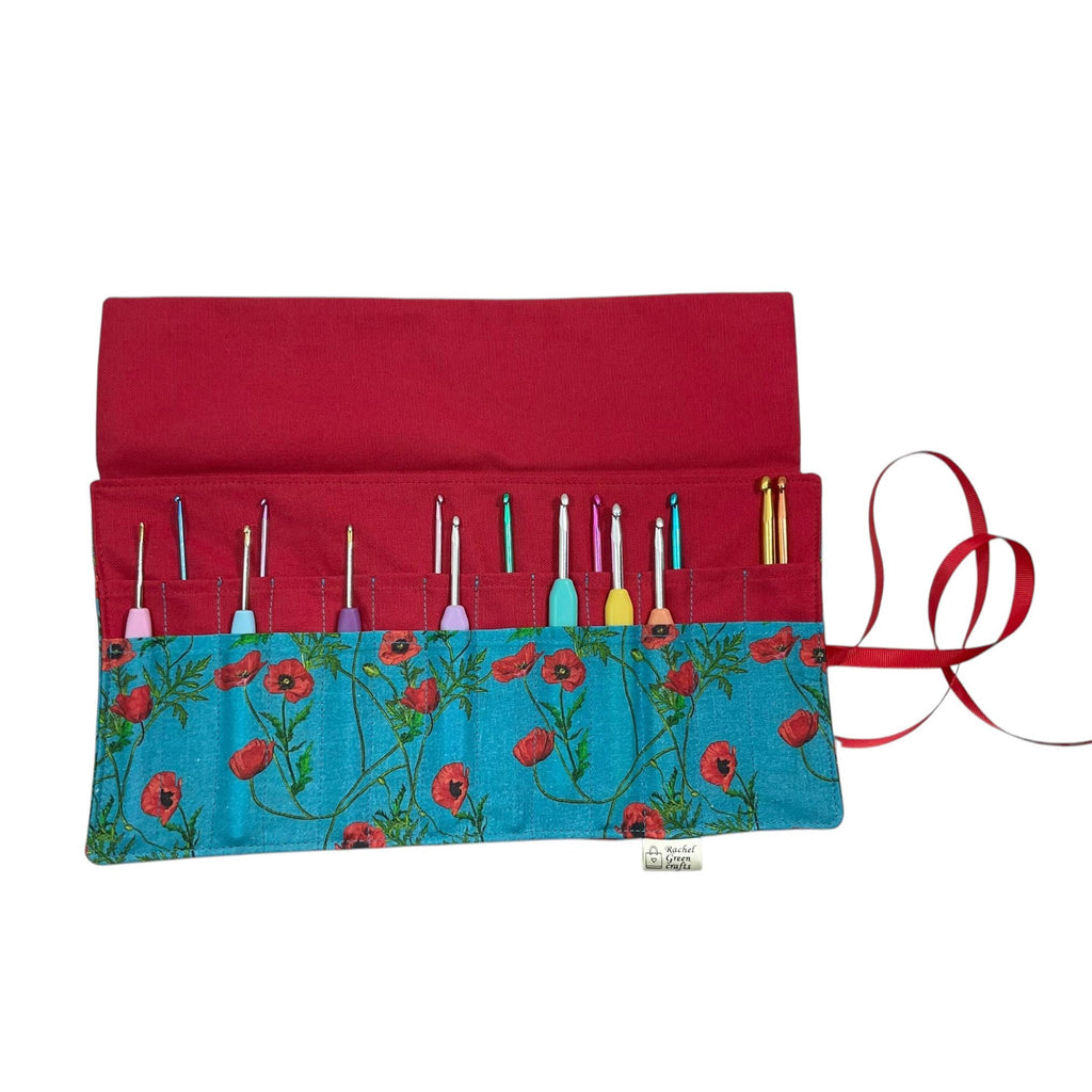Crochet hook case  with pretty floral poppies print, Ergonomic hook organiser, roll up short Dpn case, crochet lover gift, knitters gift,