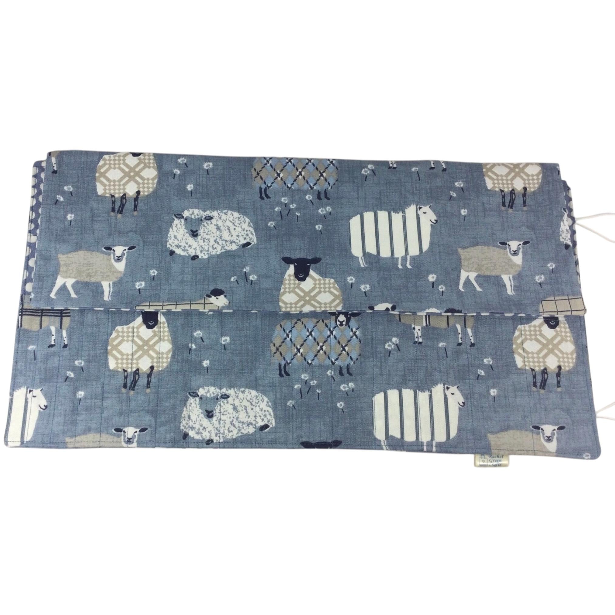 Double pointed knitting needle case with denim blue sheep,  DPN or crochet hook case, sock knitters gift,