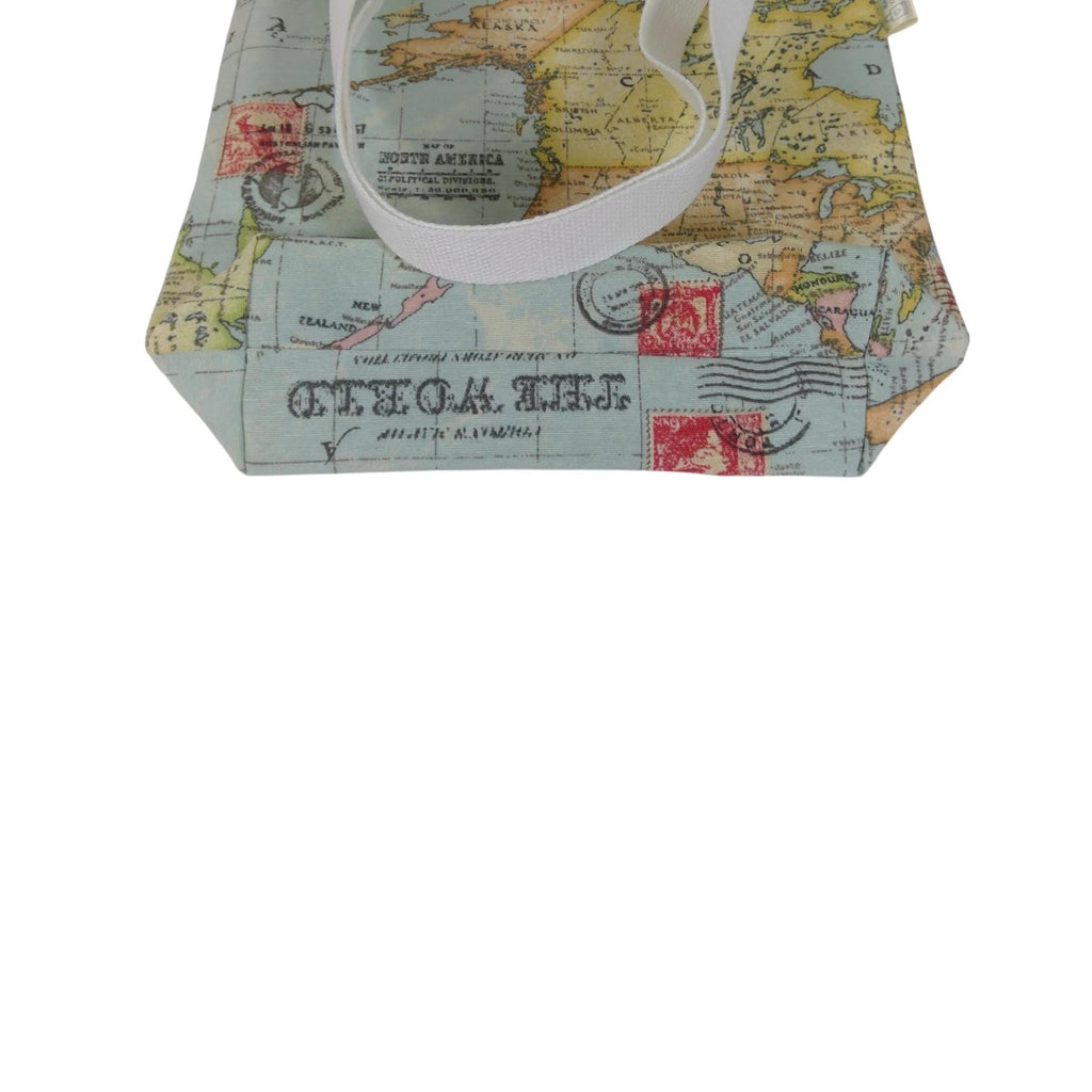 Map print Small cotton canvas tote bag, USA map book purse, lined tote, mini shopping bag, small project bag, girls shoulder purse