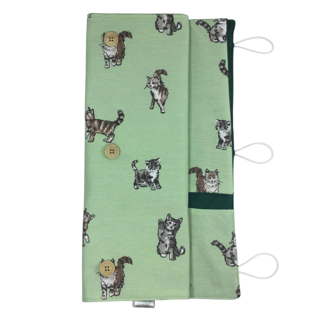 Straight and circular knitting needle case with cats  print, heavy weight storage pouch, long needles wallet, fixed sock needle