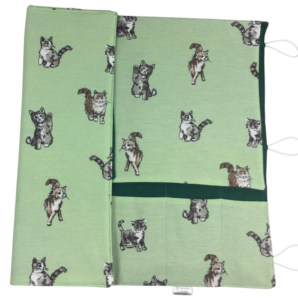 Straight and circular knitting needle case with cats  print, heavy weight storage pouch, long needles wallet, fixed sock needle