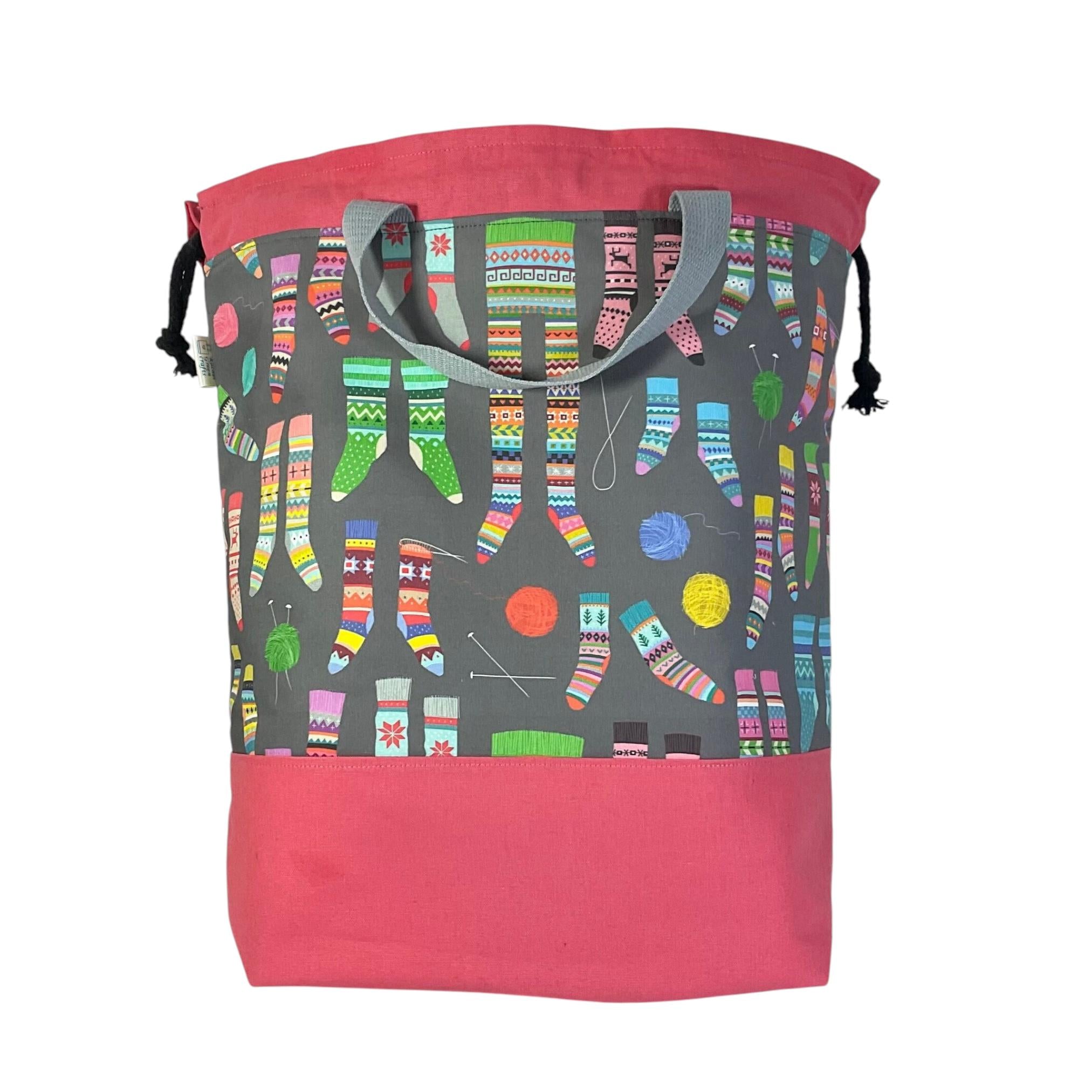 Extra Large drawstring knitting bag with Scandinavian sock print, multi pockets project bag with handles