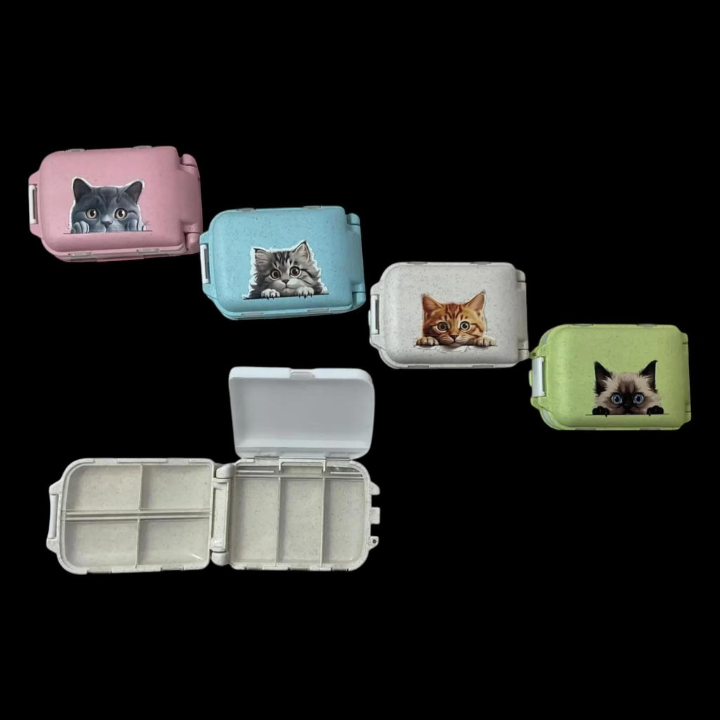 Cat Knitting notions and accessories box with cat motif, stitch marker small 8 compartment organiser for crafting, option filled with tools