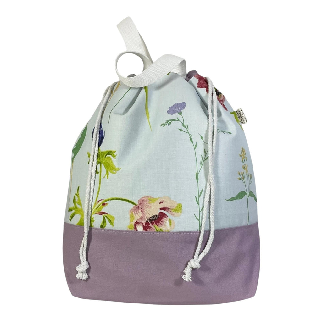 Extra Large canvas drawstring knitting bag with floral  print, multi pockets project  bag with handles, flower lover gift