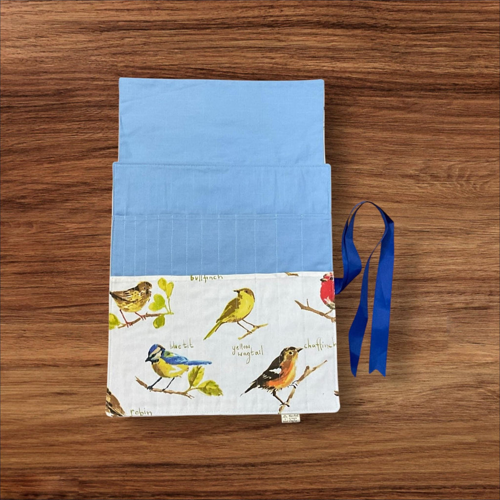 Straight knitting needle case with birds, ribbon tie needle roll storage,  knitters gift accessories, needle organiser
