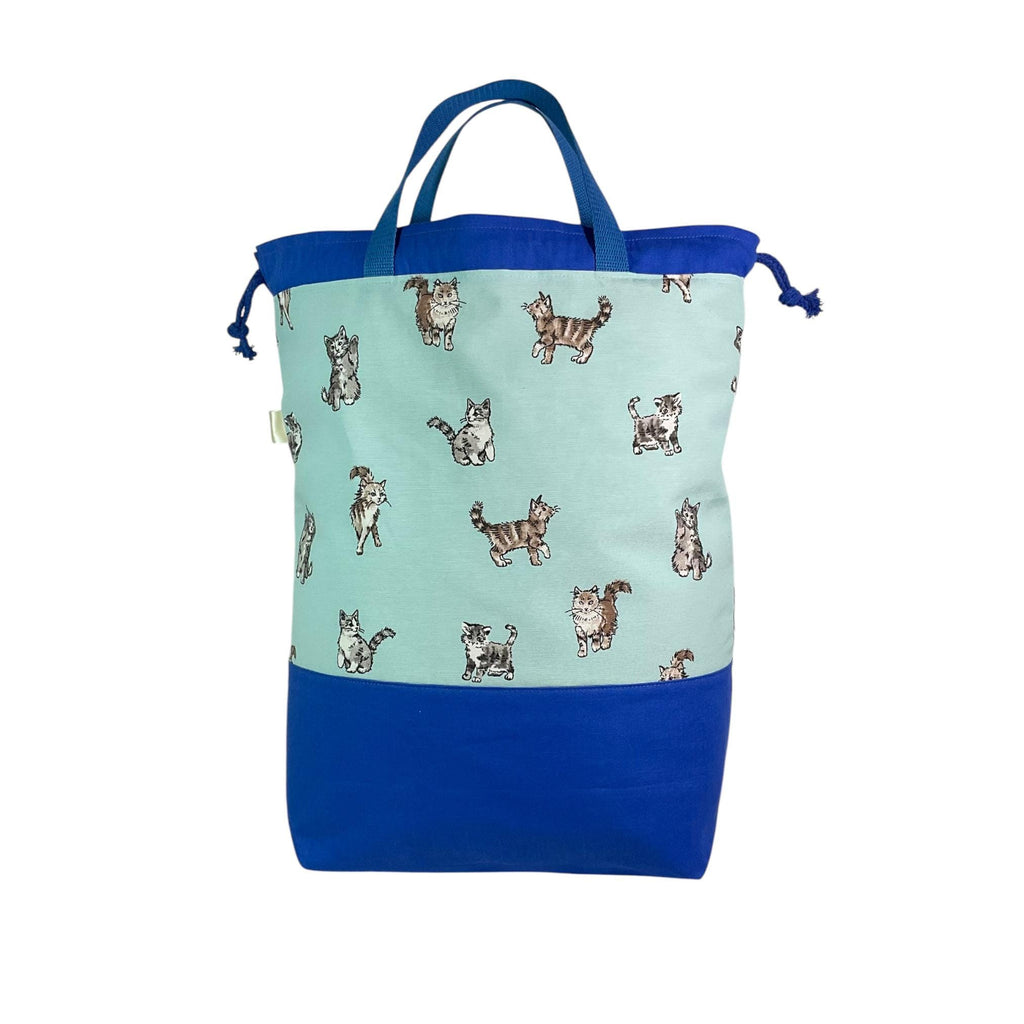 XXL  drawstring knitting bag with shabby cats print supersized multi pockets project bag with handles, cat lover gift