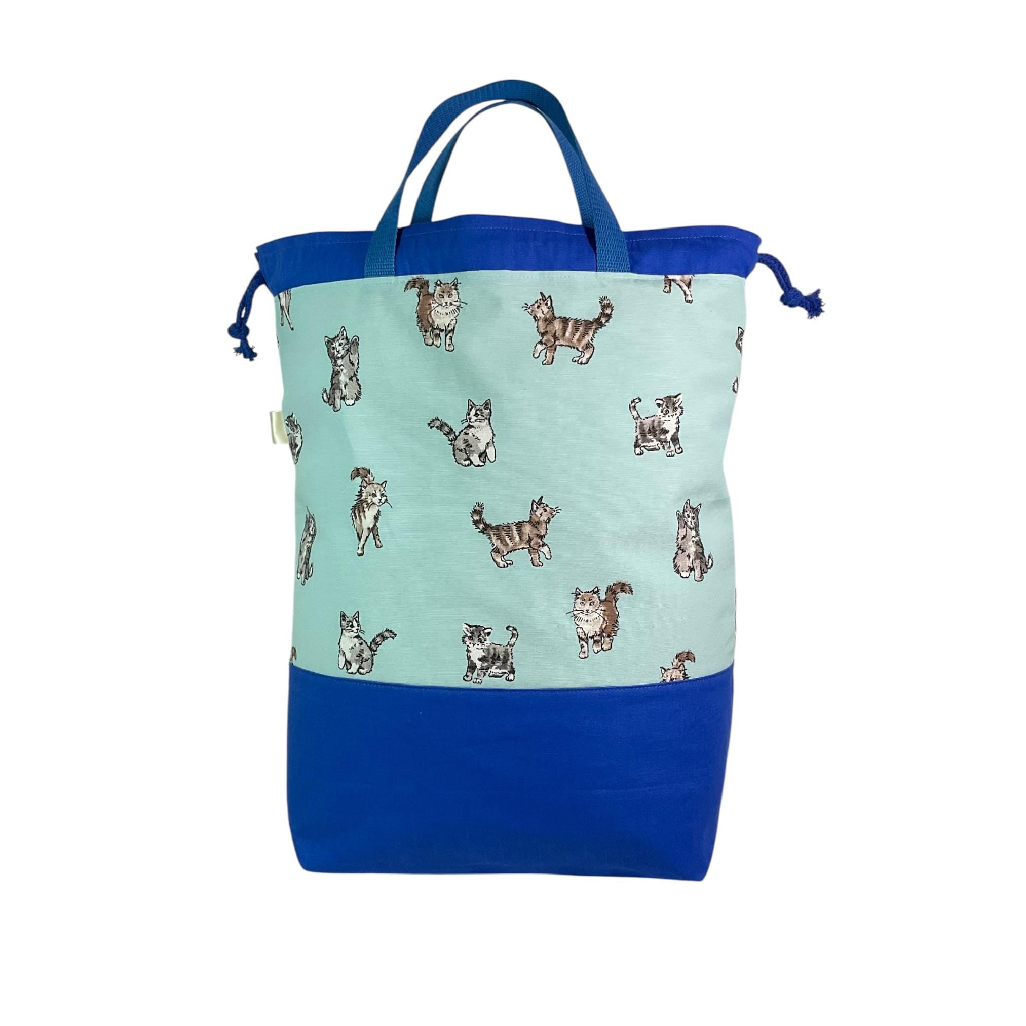 XXL  drawstring knitting bag with shabby cats print supersized multi pockets project bag with handles, cat lover gift