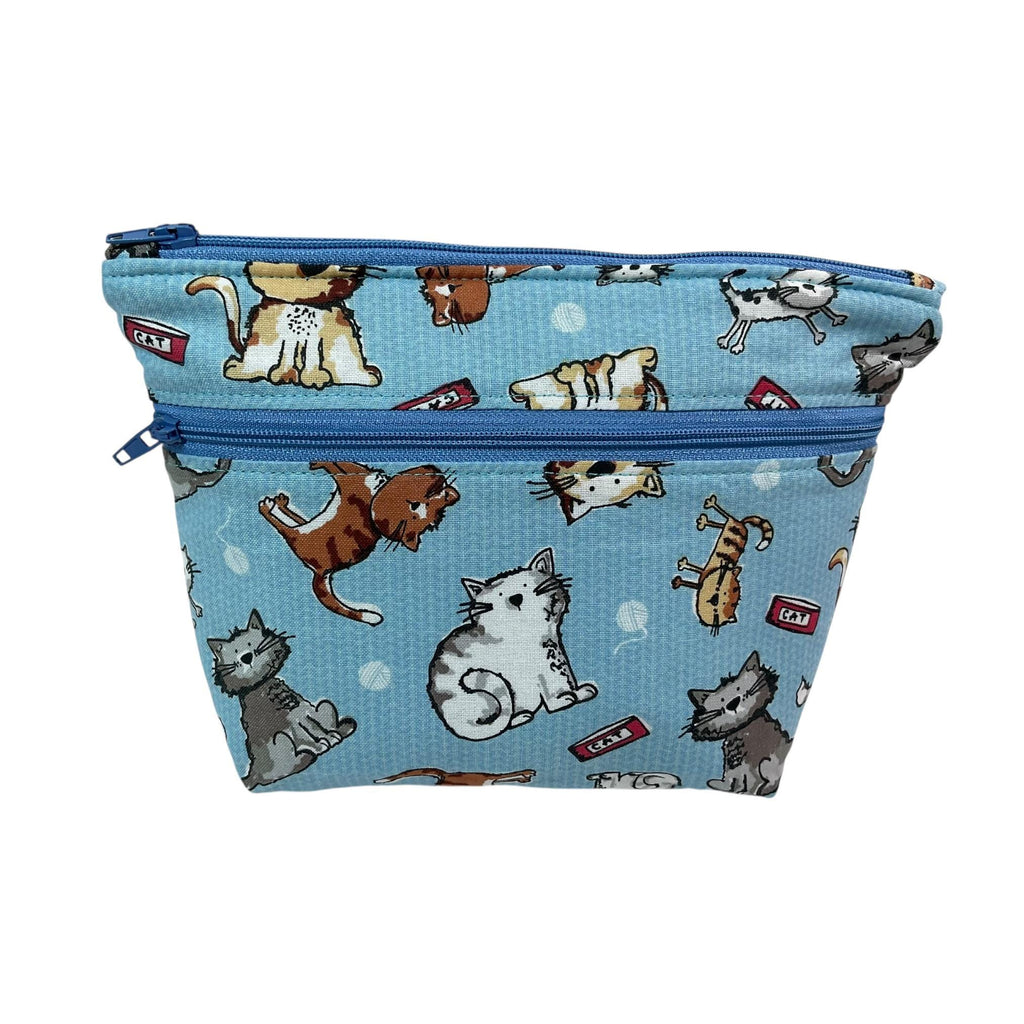 Cosmetics bag with cat print and 2 pockets,  makeup pouch, water resistant case, notions zipper pouch, cat lover gift
