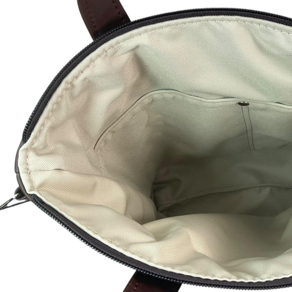 Handbag in faux Leather and dog breeds print  fabric, medium tote style zip top shoulder crossbody with carry handles