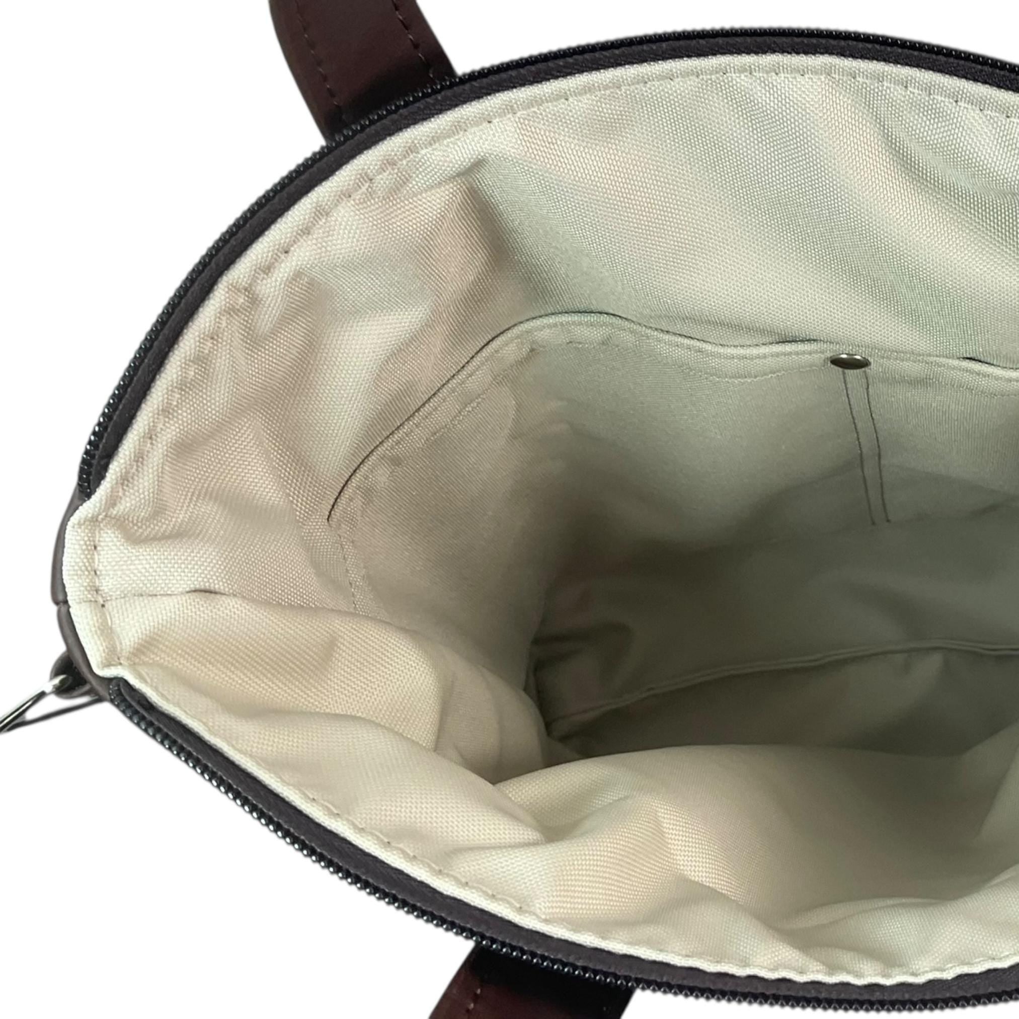 Handbag in faux Leather and dog breeds print  fabric, medium tote style zip top shoulder crossbody with carry handles