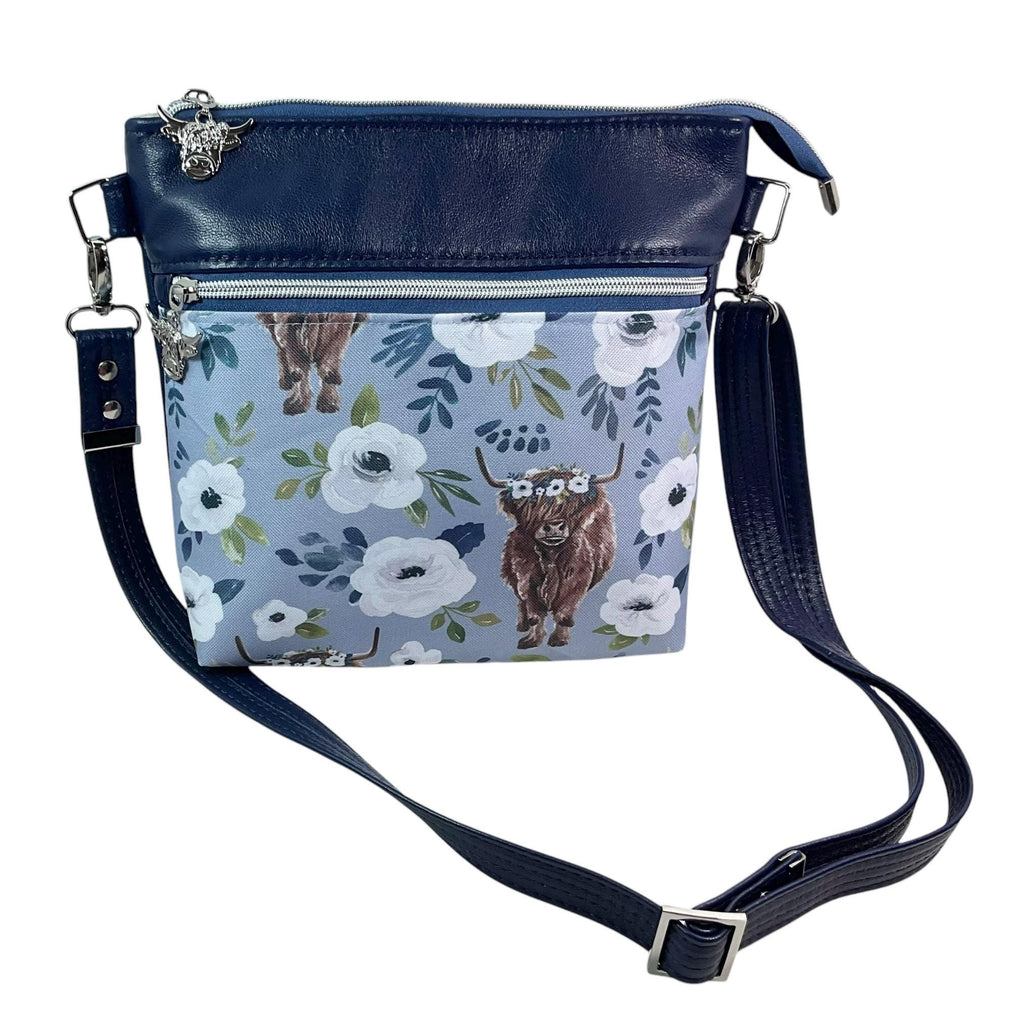 Royal Blue Lambs Leather Handbag: Highland Cow Floral Canvas Crossbody