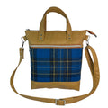 Handbag in faux Leather and blue British wool fabric, medium tote style zip top shoulder crossbody with carry handles