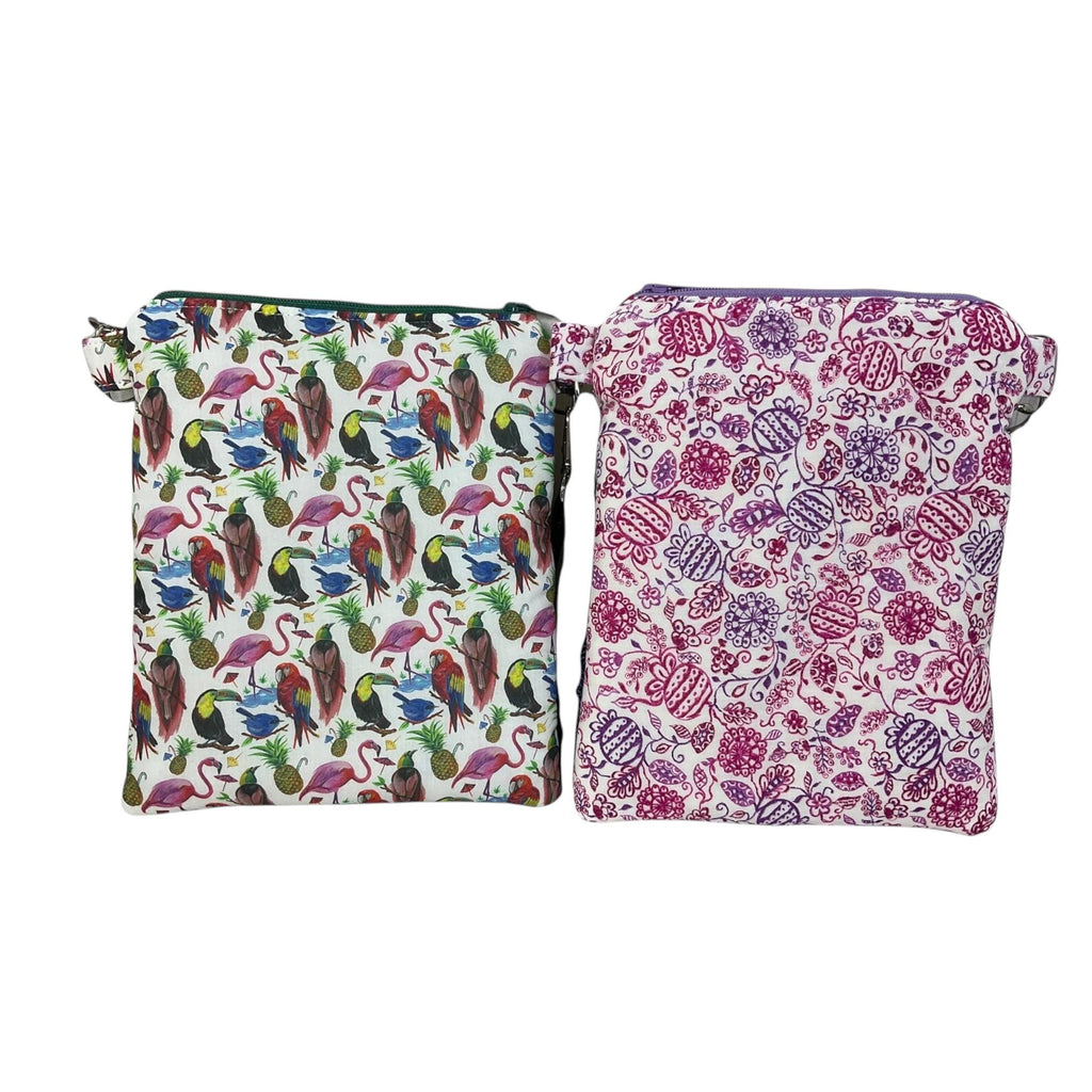 Liberty fabric slim shoulder bag with multi pockets, messenger style pink and purple floral phone purse, teenager bag