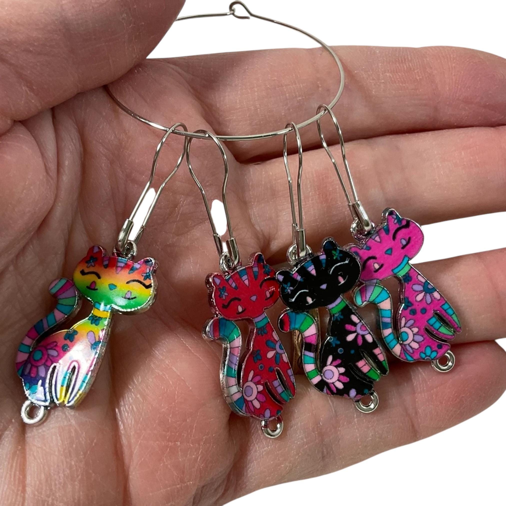 Cat Stitch markers for knitting and crochet, enamelled colourful progress charms, crochet lace markers, knitters gift , place keeper