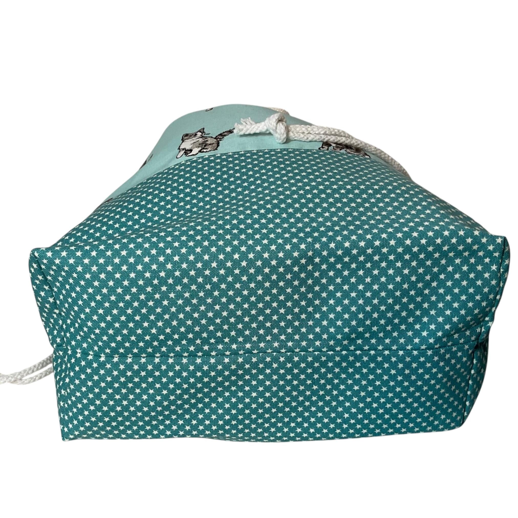 Extra Large canvas drawstring knitting bag with cats print, multi pockets project bag with handles