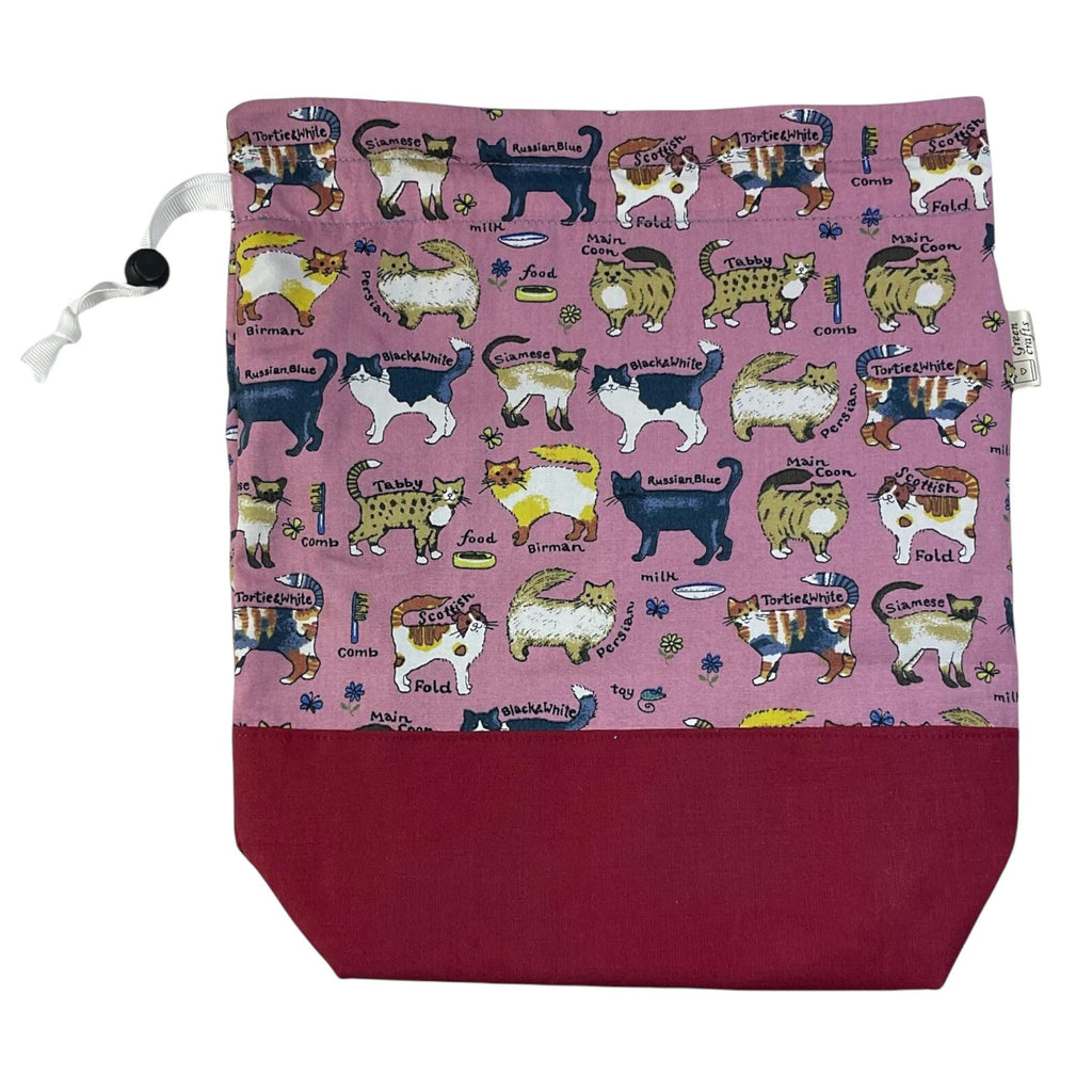 Two at a time knitting bag with cats, medium sock sack, pink drawstring divided, shoe, toiletries, work in progress bag , WIP bag