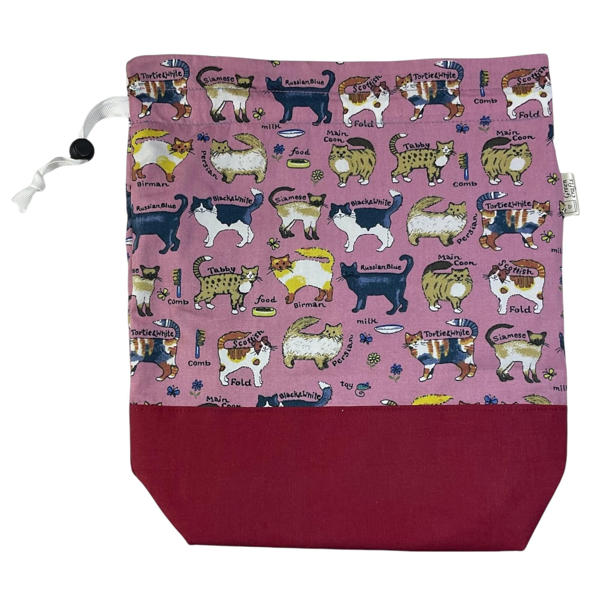 Two at a time knitting bag with cats, medium sock sack, pink drawstring divided, shoe, toiletries, work in progress bag , WIP bag