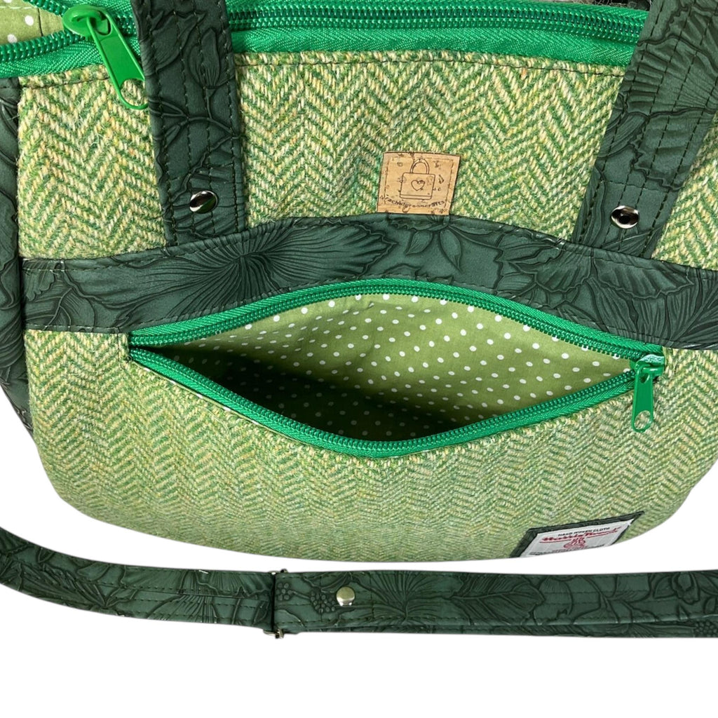 Harris tweed Crossbody Handbag,green floral faux leather tote, floral shoulder bag, zip pocket large adjustable strap organiser bag