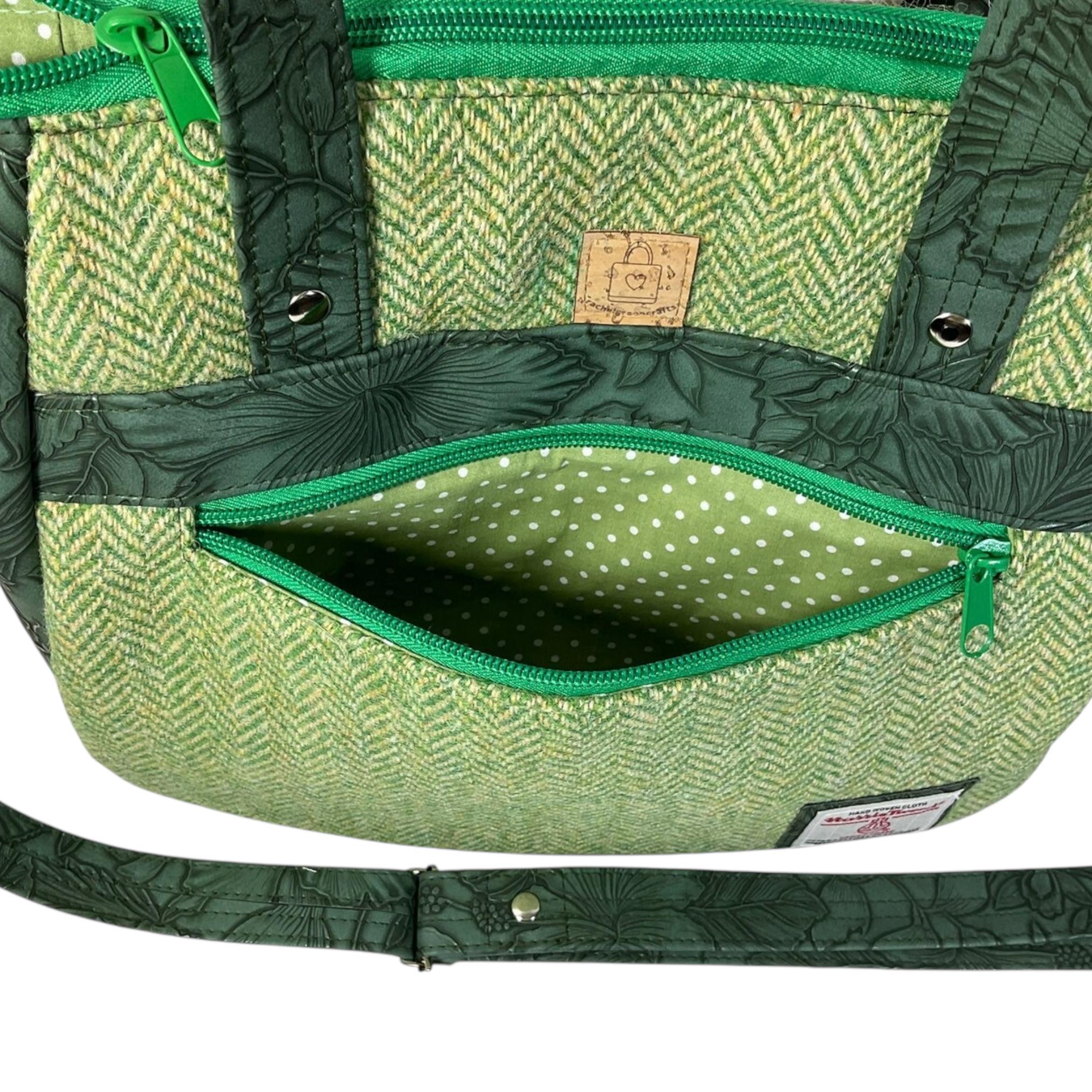 Harris tweed Crossbody Handbag,green floral faux leather tote, floral shoulder bag, zip pocket large adjustable strap organiser bag