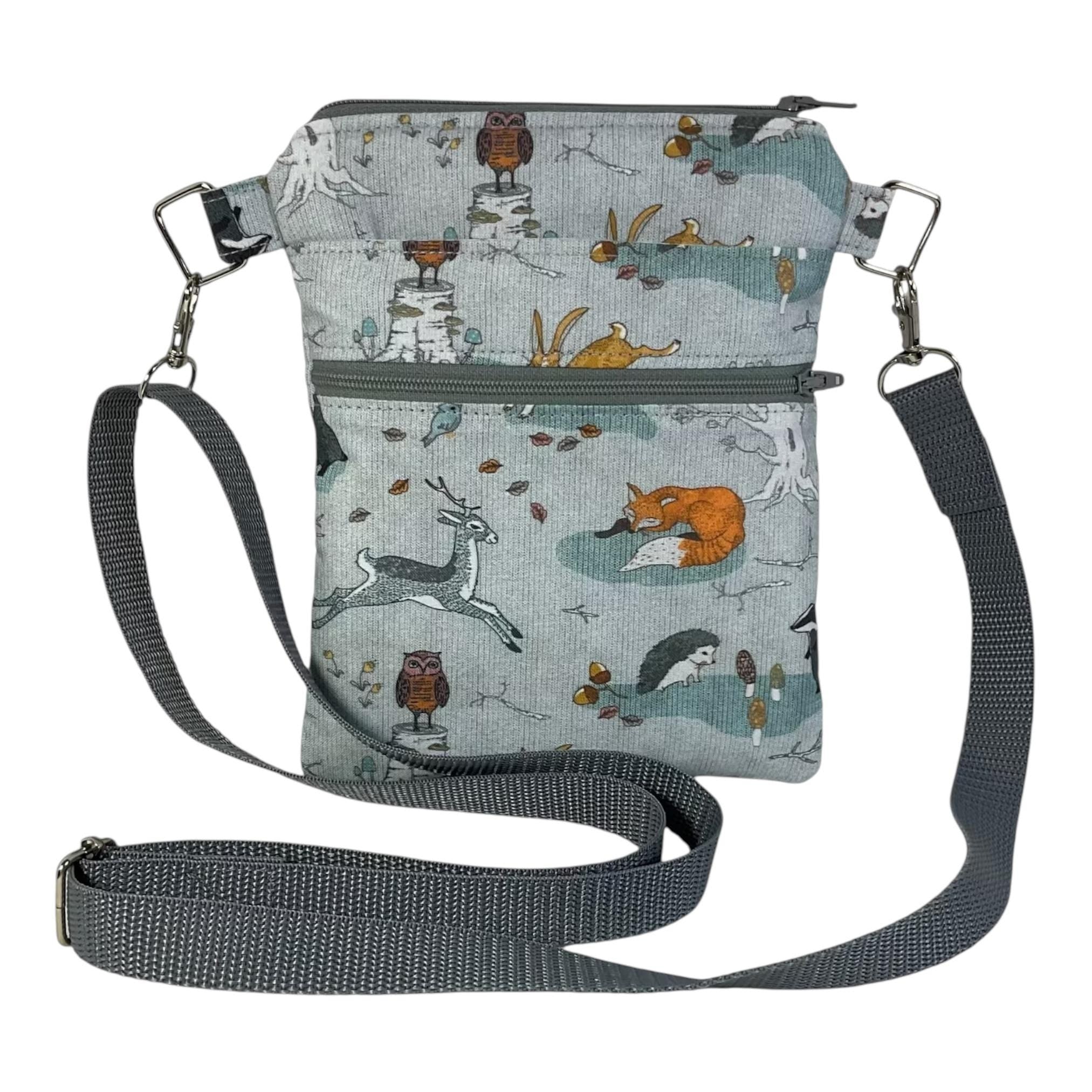 Woodland print small shoulder phone bag, Deer, fox, rabbit, hedgehog  handbag, teenager purse, essentials bag