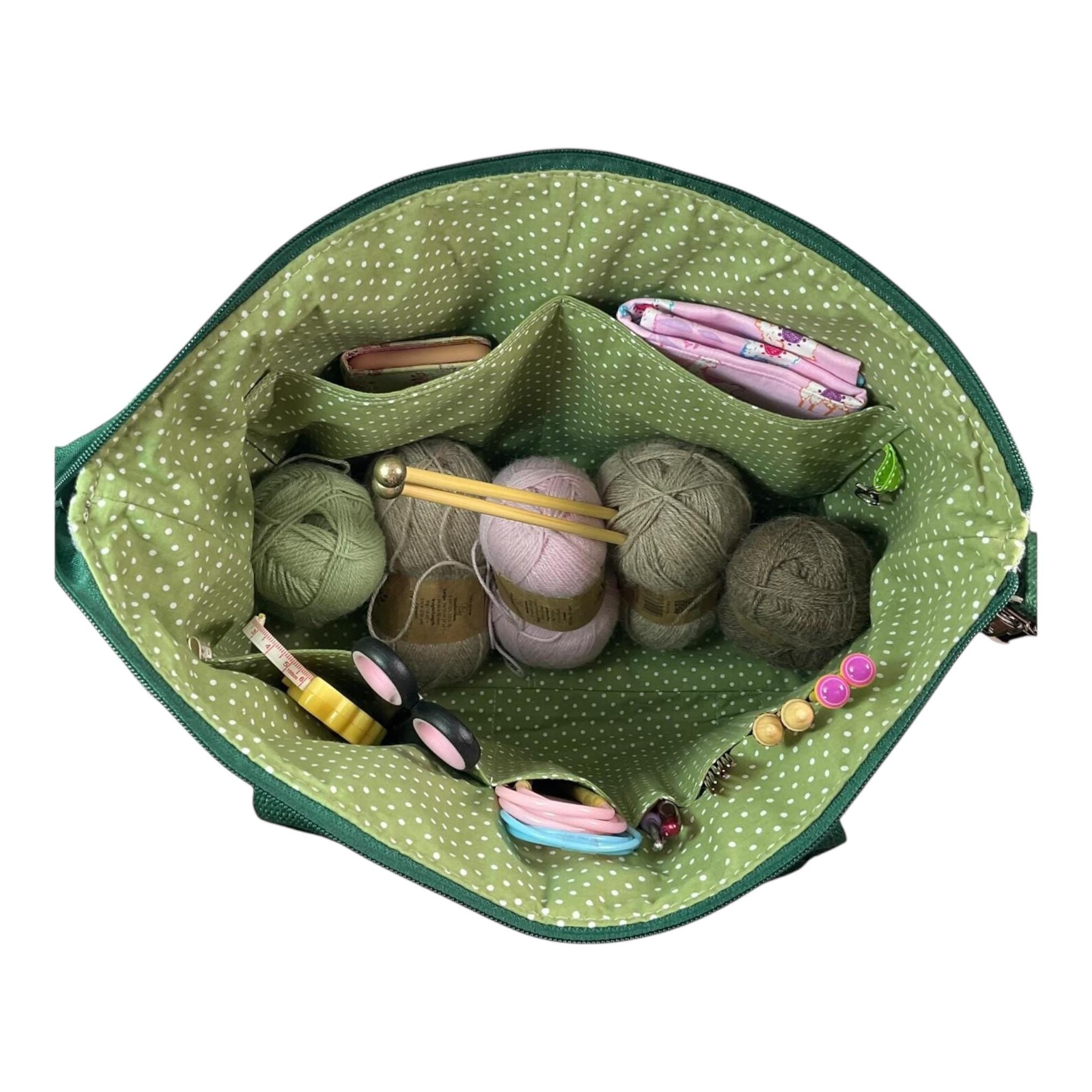 Knitting and crochet tote bag with zip top, large cats organiser crossbody bag