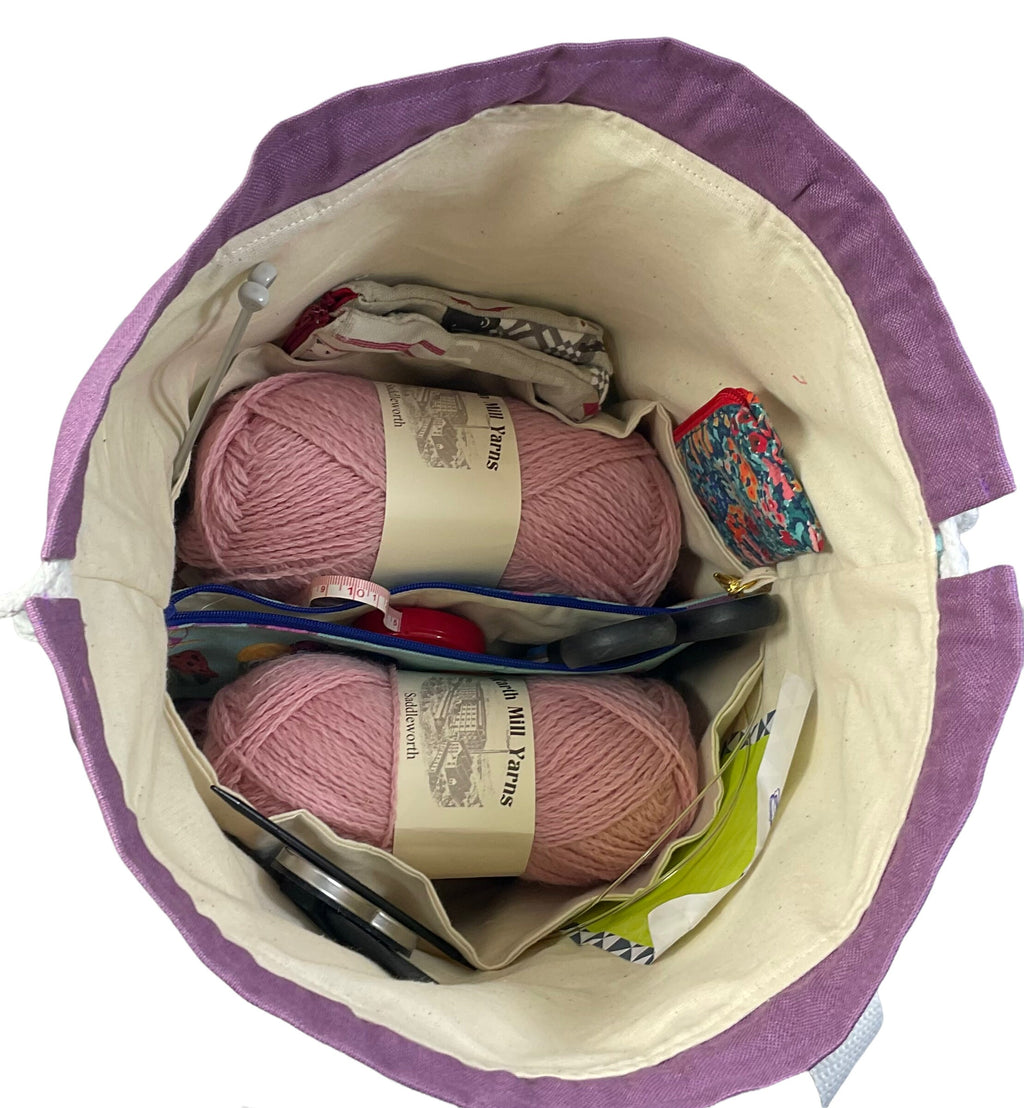 two at a time knitting bag with sheep, extra large sock sack, drawstring divided shoe bag, crochet craft bag, work in progress bag , WIP bag