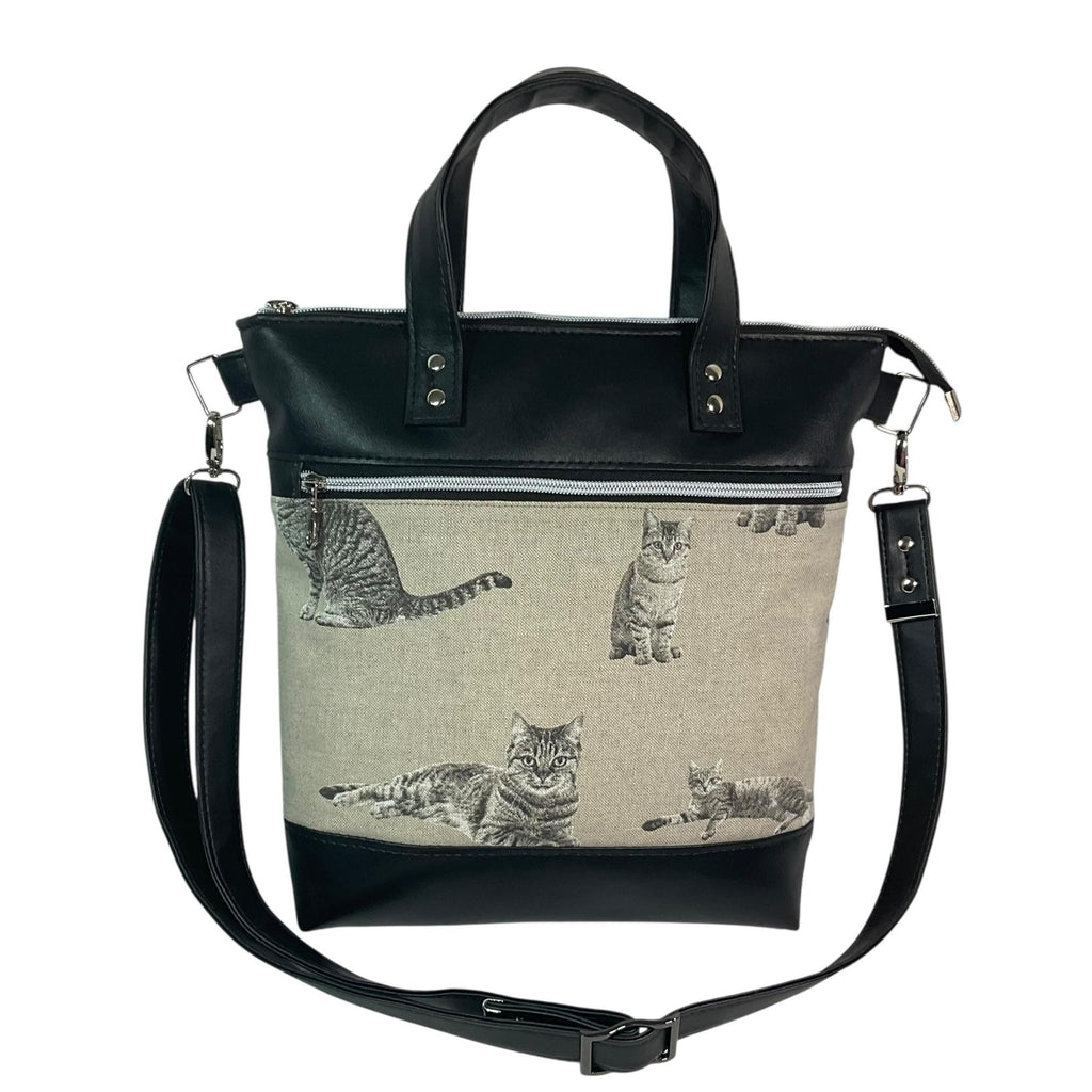 Handbag in faux Leather and monochrome tabby cat print  fabric, medium tote style zip top shoulder crossbody with carry handles