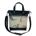 Handbag in faux Leather and monochrome tabby cat print  fabric, medium tote style zip top shoulder crossbody with carry handles