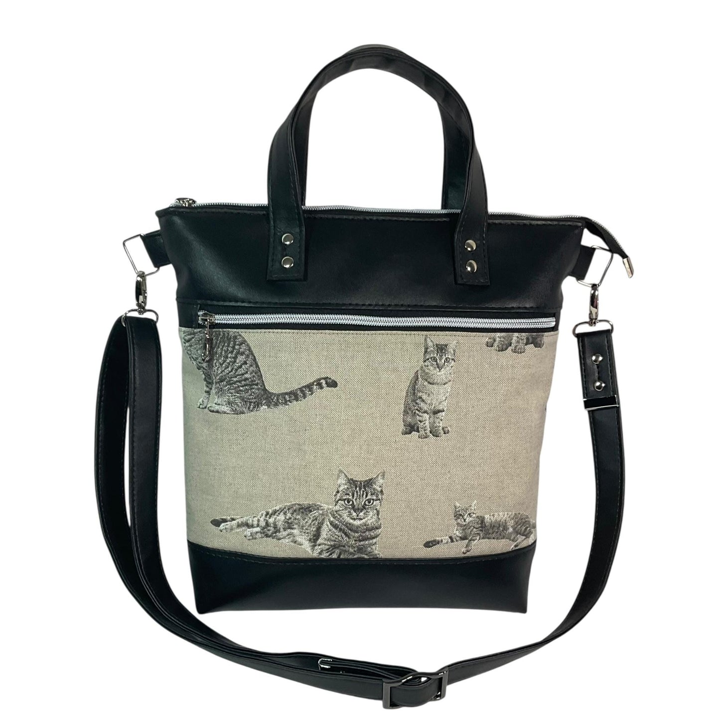 Handbag in faux Leather and monochrome tabby cat print
