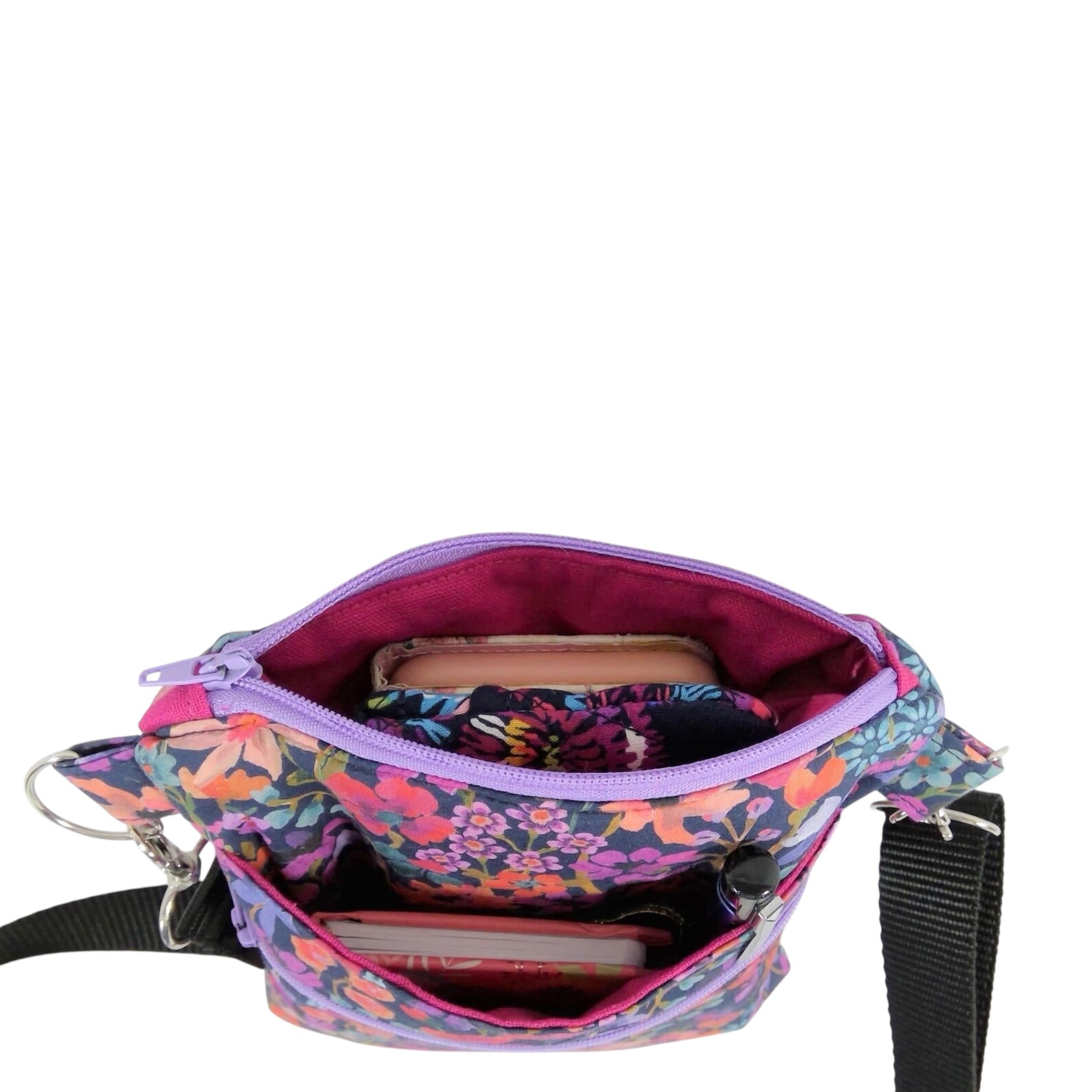Liberty fabric slim shoulder bag with multi pockets, messenger style pink and purple floral phone purse, teenager bag