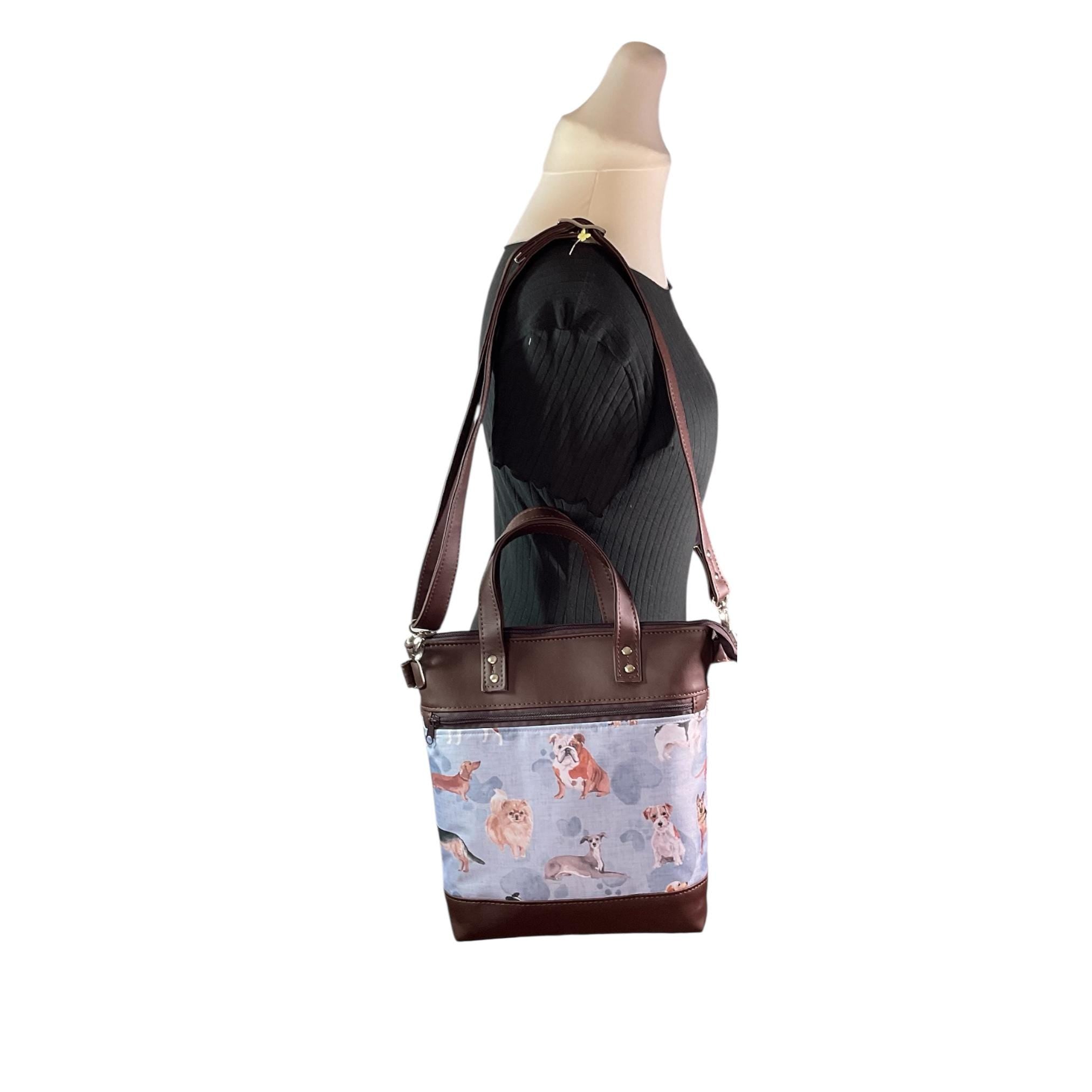 Handbag in faux Leather and cat breeds print  fabric, medium tote style zip top shoulder crossbody with carry handles