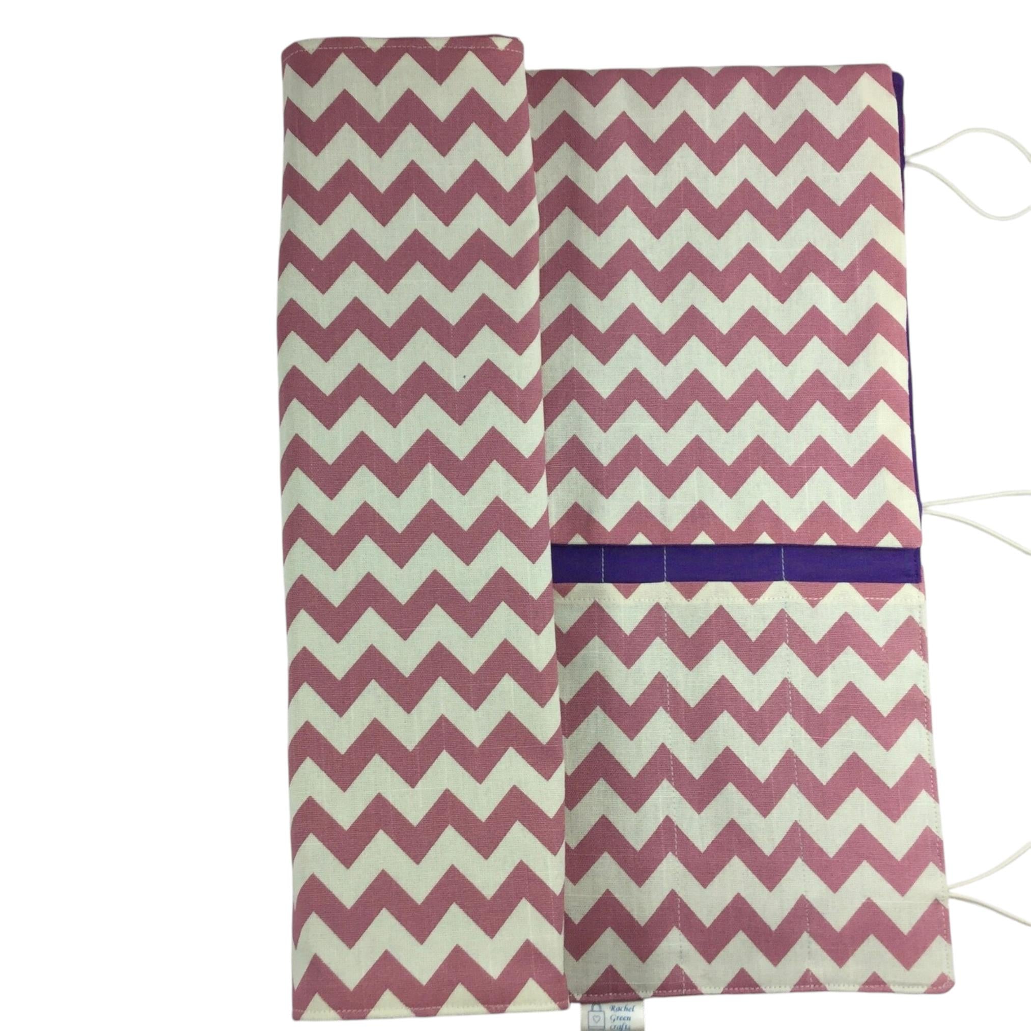 Straight and double pointed knitting needle case with pink chevrons, knitting needle pouch, needle storage, long needles wallet, sock needle